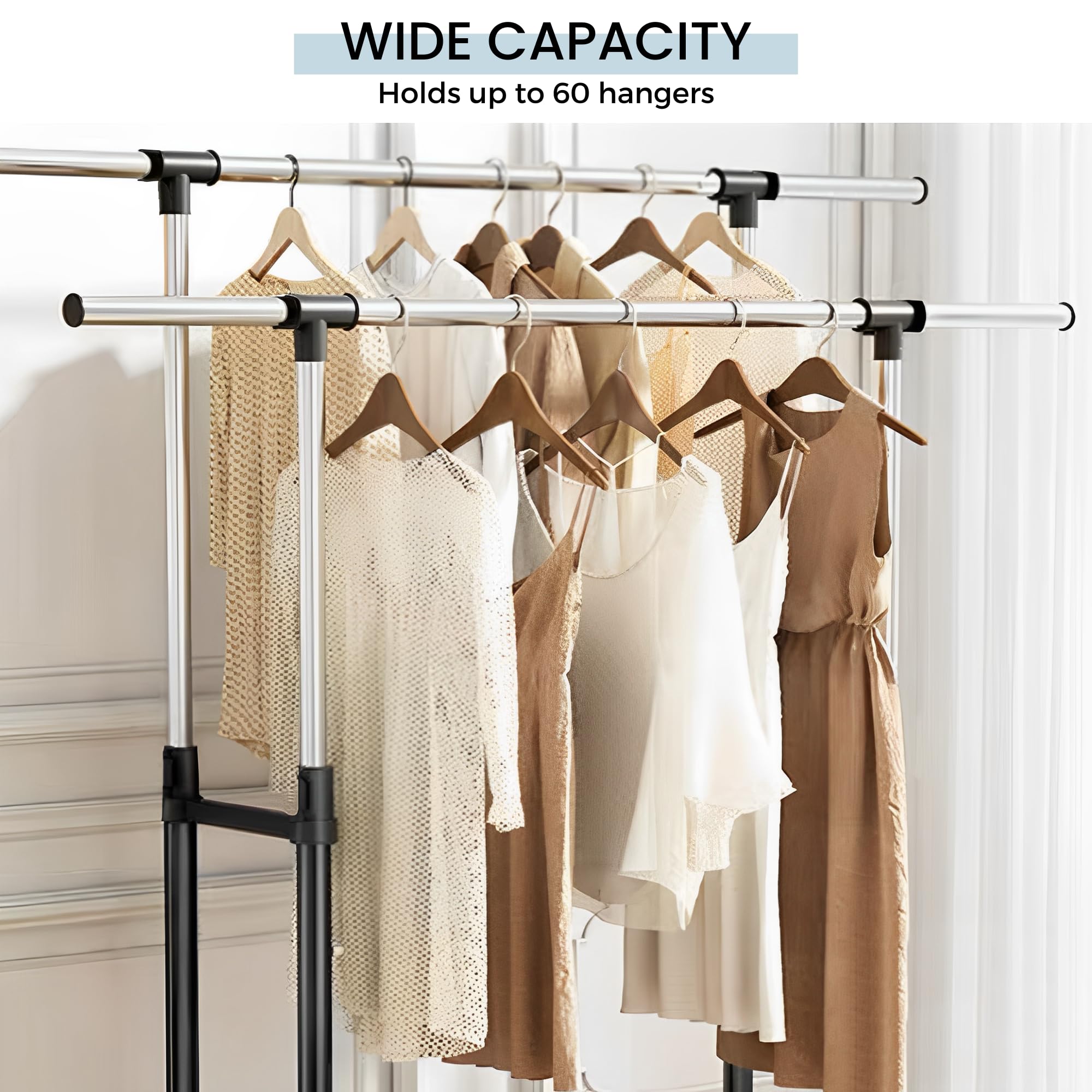 MAGIC SELECT Appendiabiti Doppio. Appendiabiti da Terra, Allungabile con Ruote, 2 Barre Superiori e Ripiani Inferiori. Appendiabiti Resistente, con Altezza Regolabile. Perfetto per Casa, Corridoio.