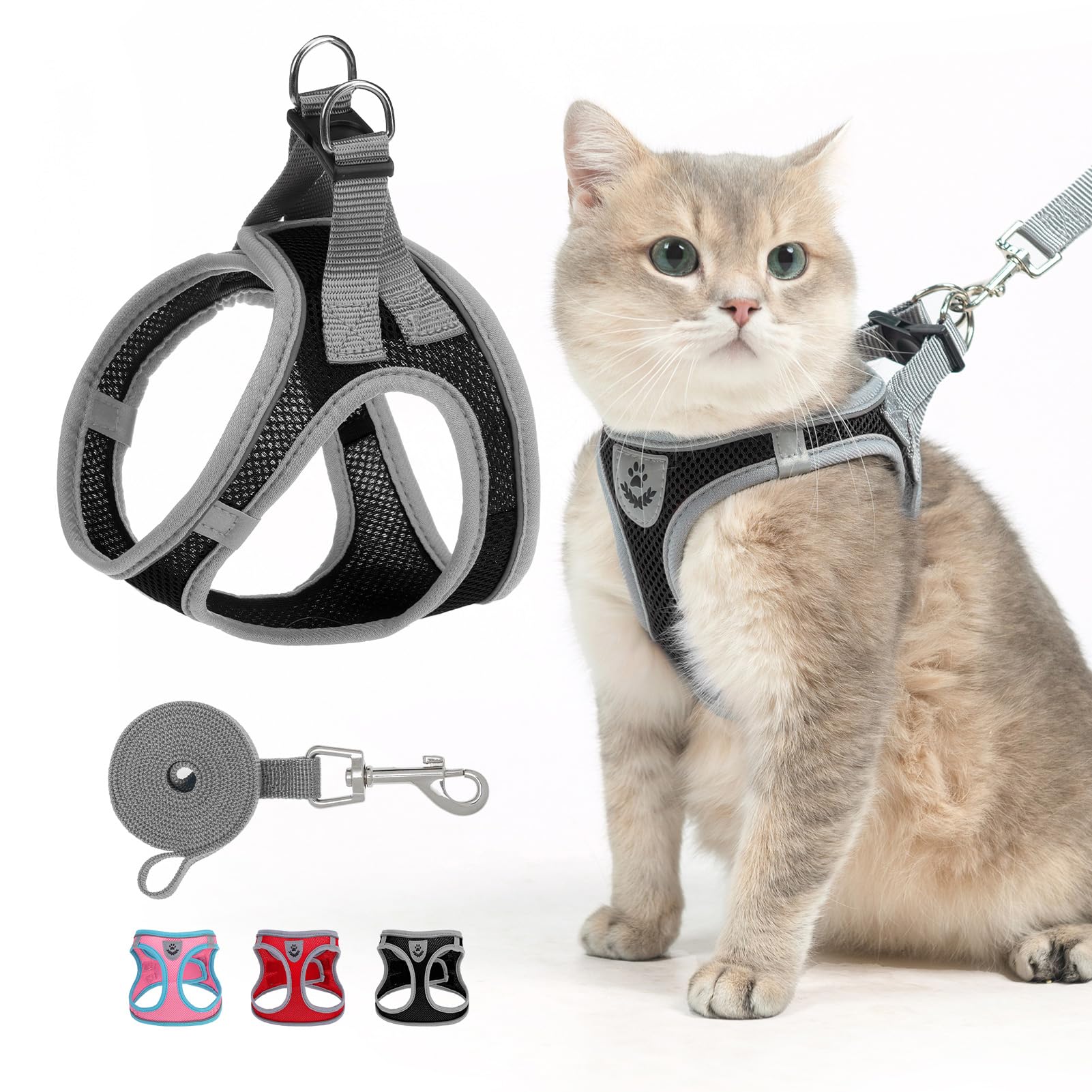 SCENEREAL Cat Harness and Leash Set Escape Proof, Adjustable Soft Air Mesh Kitten Harnesses for Girls Boys Small Medium Big Cats, Reflective Light