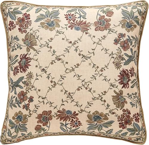 patdrea - Fundas de almohada decorativas de diseño, fundas de almohada cuadradas de lino color marrón claro estilo euro retro con patrón floral,