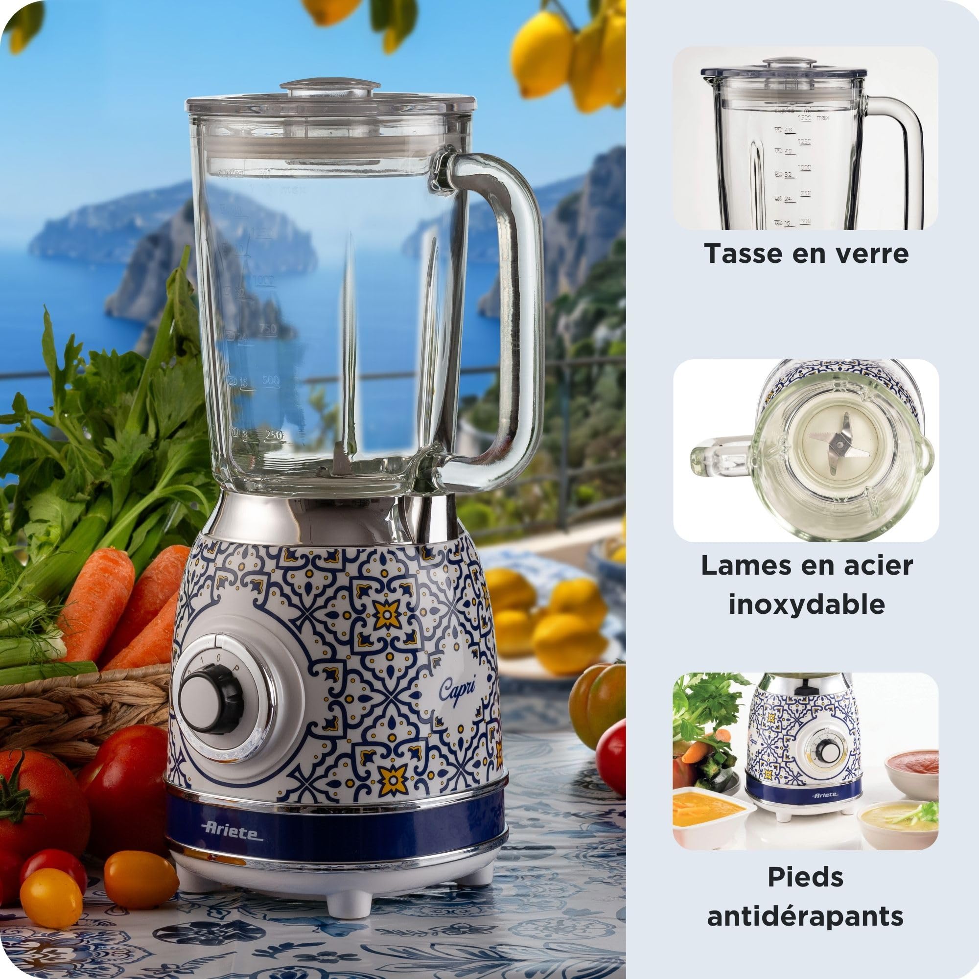 Ariete 583 Capri, Blender Mixeur Électrique en Verre de 1,5 Litres, 4 Vitesses + Pulse avec Fonction Broyeur de Glace, 4 Lames en Acier Inox, 1000 Watts, Smoothies, Milkshakes et Granités