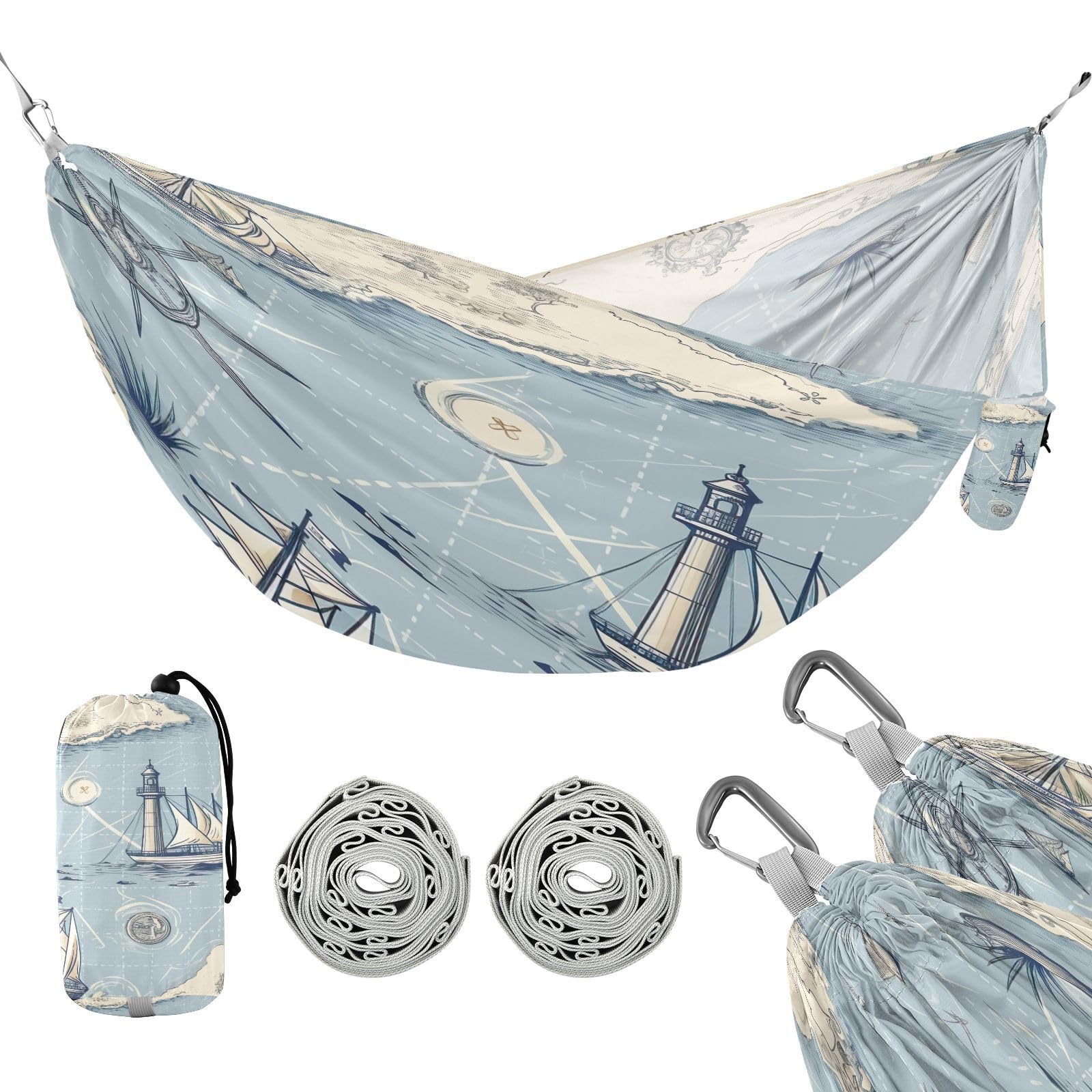 SDMKA Nautical Map Camping Hammock, 330 lbs with 2 Tree Straps, Carry Bag, Single Portable Hammock for Outdoor/Indoor, Hiking, Beach, Backpacking, Travel
