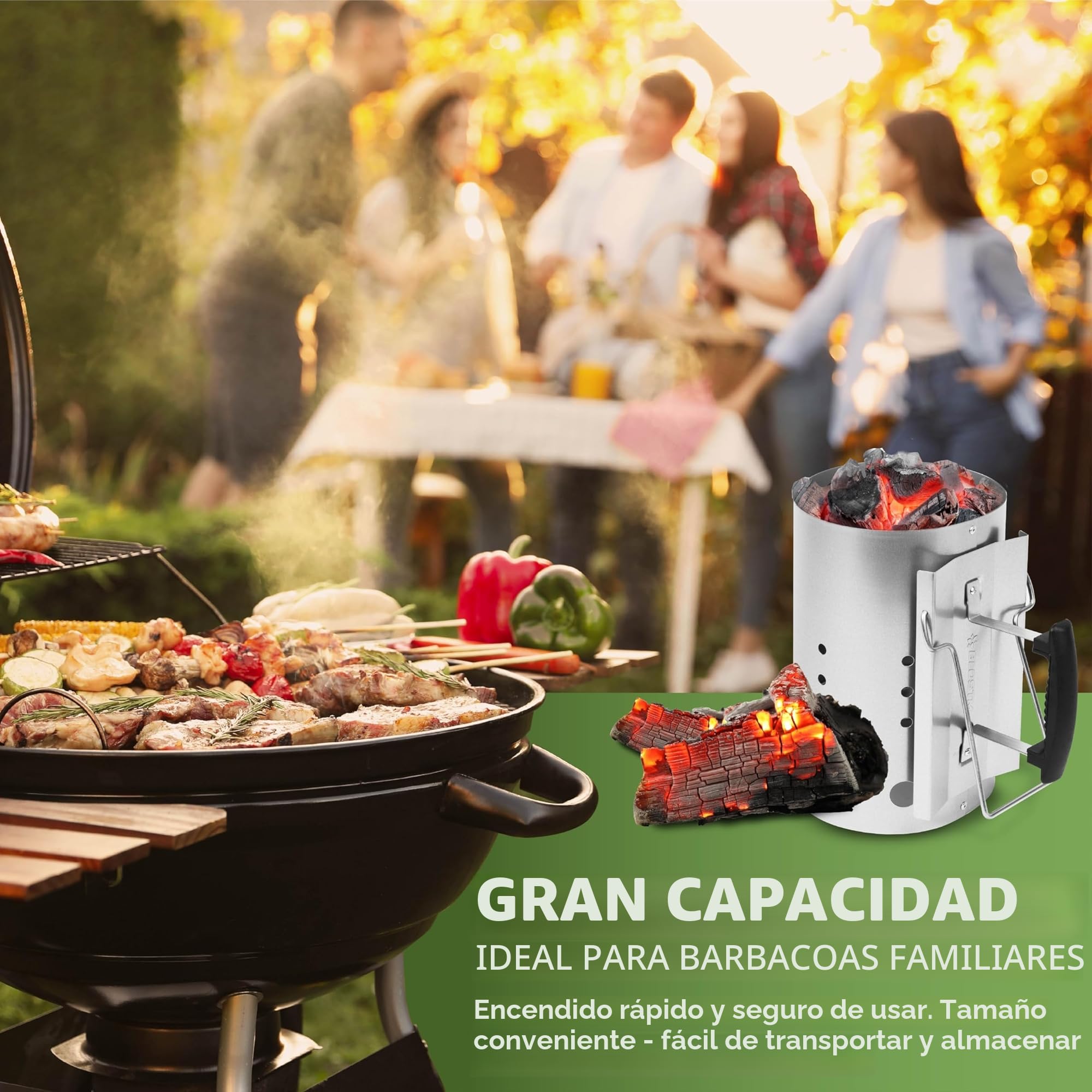 BLOSTM Chimenea para Encender Barbacoa - Extra Grande Encendedor Barbacoa Arranque Rápido, de Acero Galvanizado, con Asas de Seguridad Aisladas Térmicamente para Carbón, Madera en Trozos, Briquetas