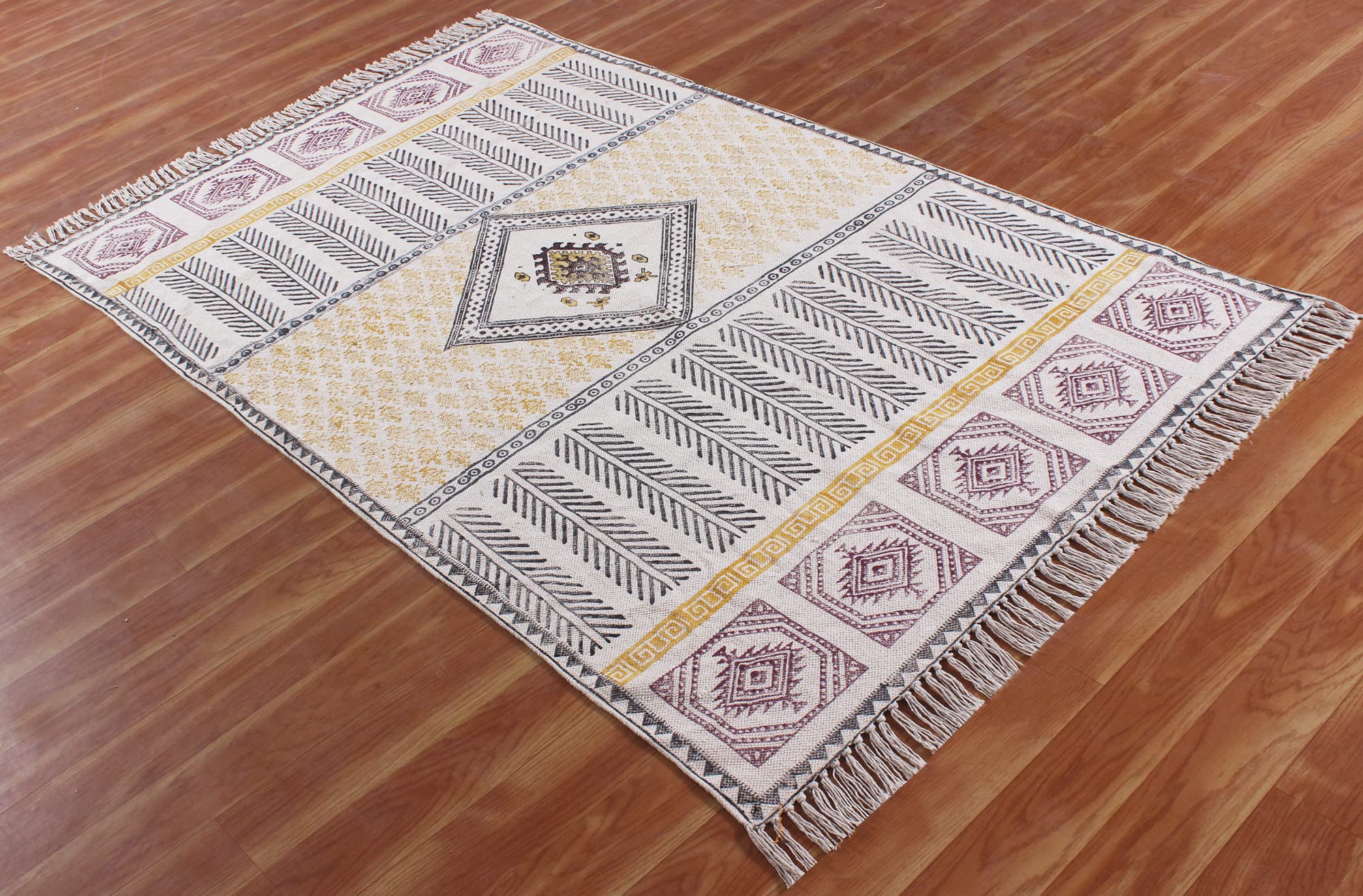 Tappeto da bagno in cotone intrecciato a mano con nappe e stampa a blocchi di mano, per interni, per camera da letto, soggiorno, dimensioni personalizzate, quadrato, 60 x 90 cm