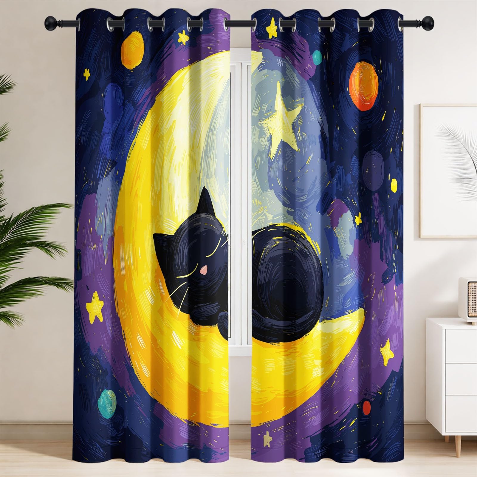 Rideau Occultant Peinture à l'huile Fantaisie Animal L 110 x H 215 cm, Lune Chat Rideaux et Draperies pour Enfants Filles Chambre Salon Rideaux de Fenêtre Thermiques Isolants