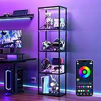 SUPERDANNY RGB Display Cabinet with App/Remote Control, Music Sync LED Floor Lamp, 4-Tier Glass Curio Shelves for Gaming Room Decor