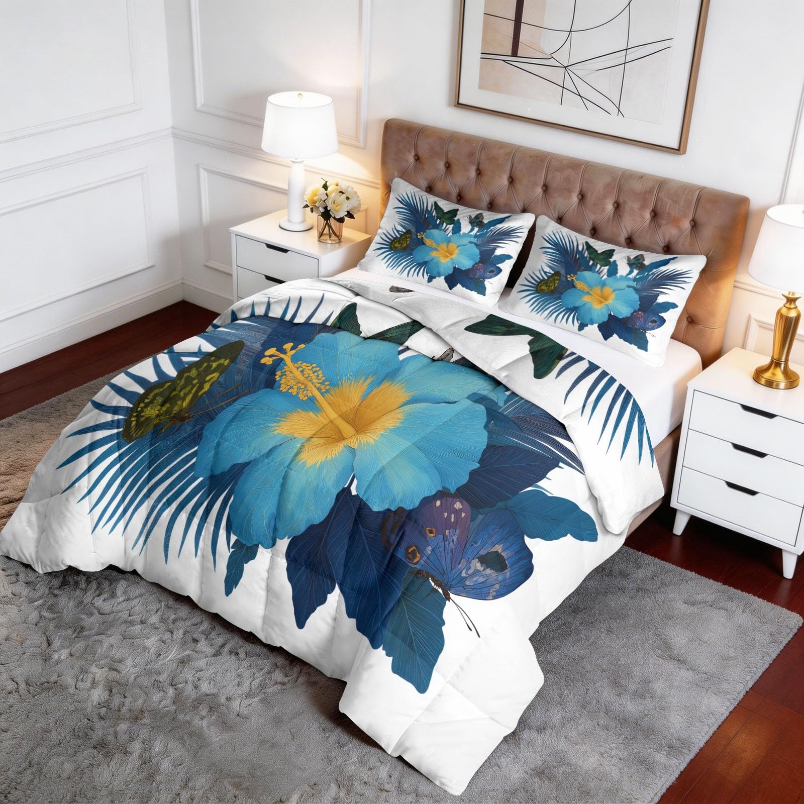 Hibiskus Palmblätter Schmetterling Bettdecke 135 x 200 cm 4 Jahreszeiten Steppdecke, Tropische Pflanzen Waschbare Ganzjahresdecke Frauen Bettwaren Set Ferienhaus Hauptschlafzimmer Bettdecke Ohne Bezug