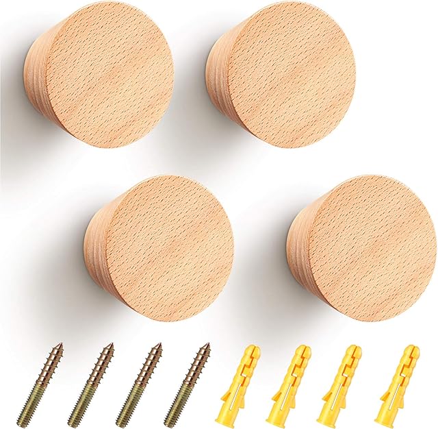 4 Packs Wooden Coat Hooks Wall Mounted Single Cone Wall Hook Rack Modern Handmade Single Coat Rack Hooks Cone Beech Wooden Craft Hat Towel Rack (Yellow)