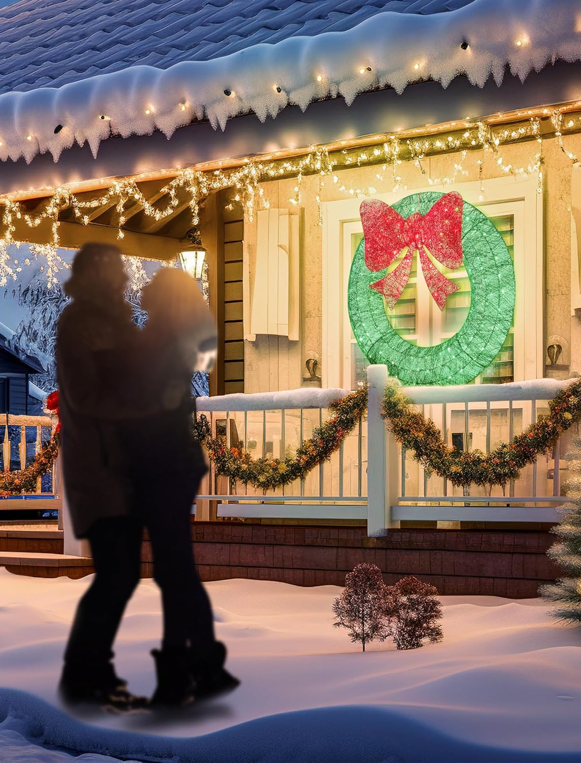 Brightown 48in Lighted Christmas Wreath Decorations, Outdoor Christmas Wreaths Holiday Decor with Bow Ribbon 125 LED Lights for Front Door, Windows, Xmas Gifts, Home, Lighted Holiday Displays