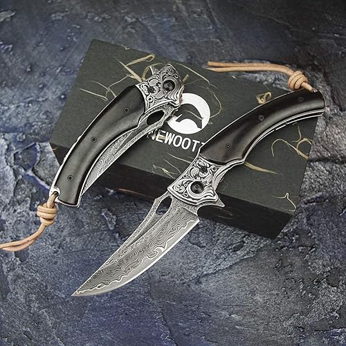 Miniatura 6 de NEWOOTZ Cuchillo plegable de acero de Damasco, hecho a mano, hoja japonesa VG10 de 3.5 pulgadas y mango de bloqueo de revestimiento de madera de