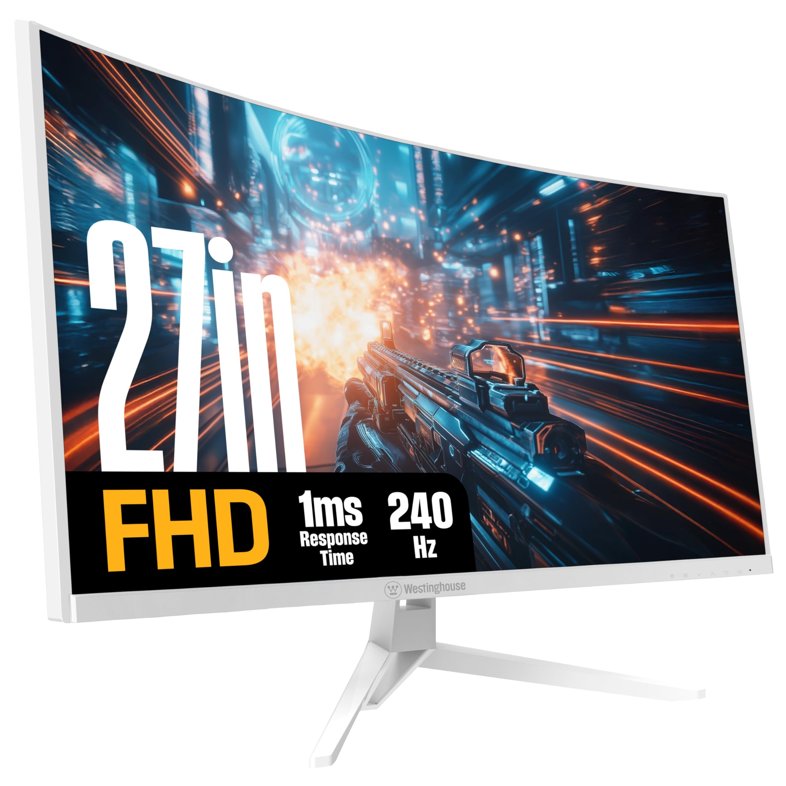Westinghouse 27 Inch Curved Gaming Monitor, 240Hz, 1ms, 4000:1 Contrast Ratio, 118% sRGB, 1500R, FHD 1080P, AMD FreeSync, Eyecare, for PC Games with Built-in Speakers, DisplayPort, HDMI-White 27 Inch, White