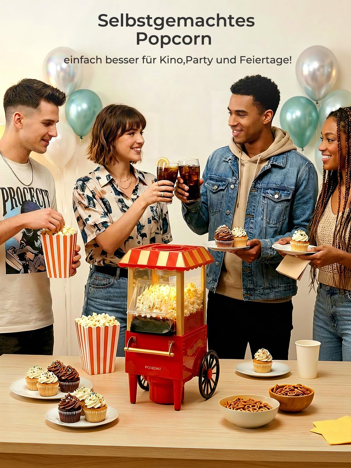 3,5L Popcornmaschine, HOUSNAT 1200W Heißluft Popcorn Maschine, Fettarme Ölfreie Popcorn Snack, Popcorn in 3 Minuten Genießen – Ideal für Zuhause und Feiern