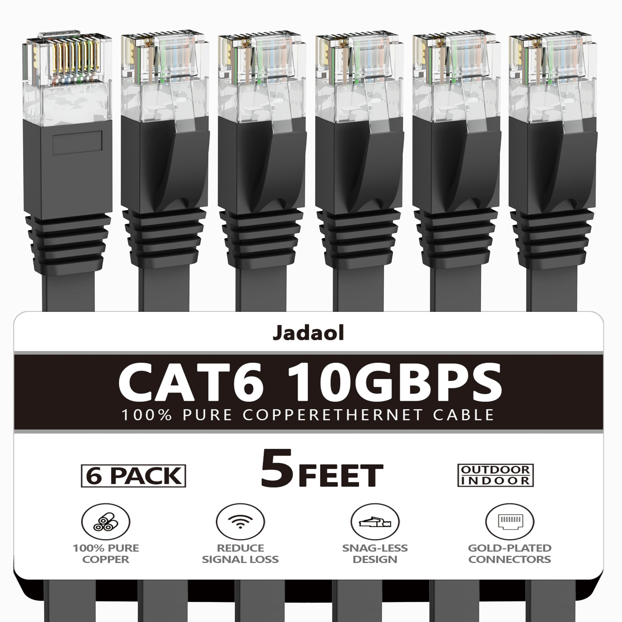 Jadaol Cat 6 Ethernet Cable 5 ft 6Pack, Outdoor&Indoor, Flat High Speed 10Gbps Patch LAN Cord, Support Cat8/7 Network, Short Ethernet Cable for Router, Modem, Switch, PC, Laptop, Gaming Console, Black