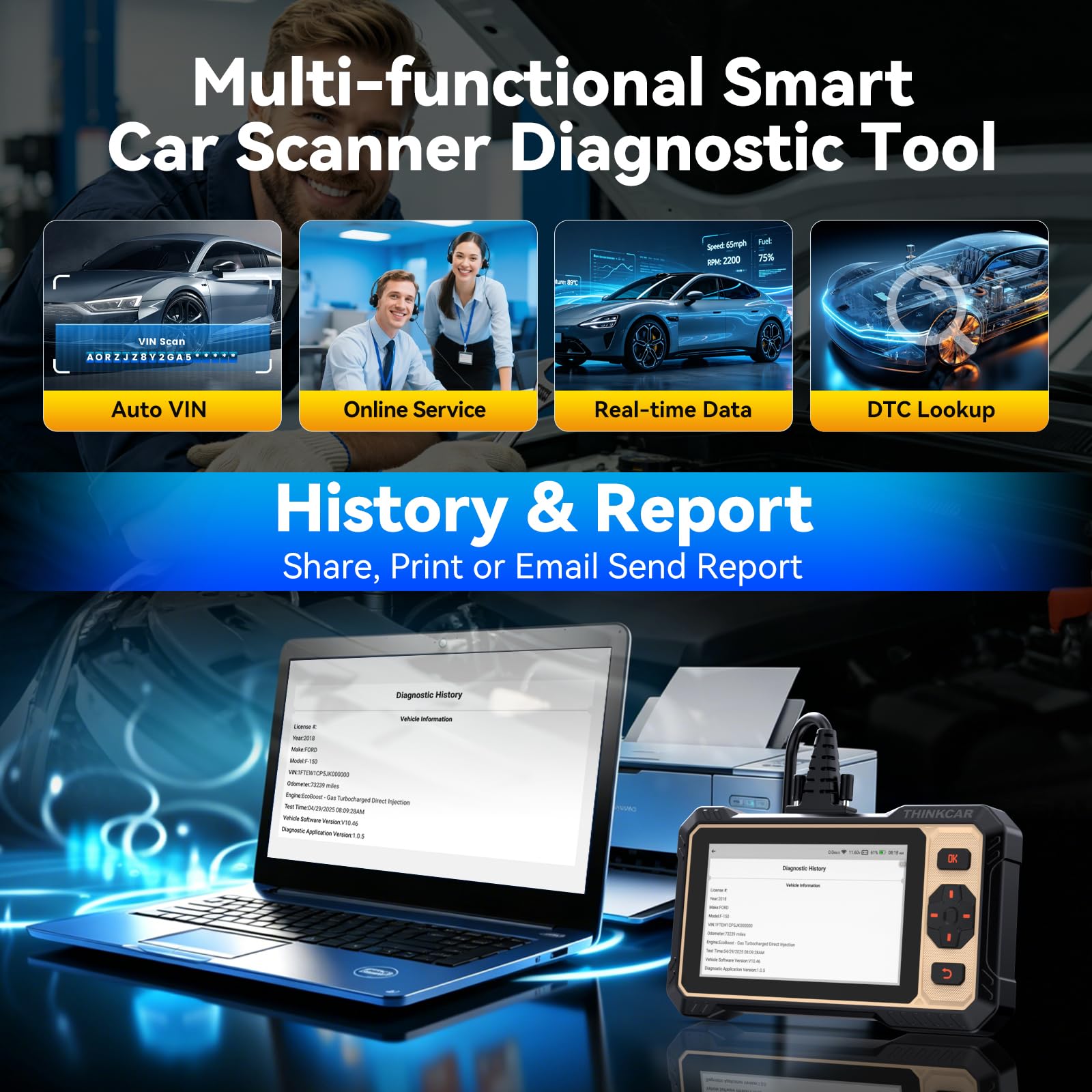THINKCAR Scanner THINKSCAN 662 OBD2 - Herramienta de diagnóstico de escáner, Motor/ABS/SRS/transmisión, Herramienta de escaneo bidireccional, escáner para Coche con Prueba Activa, más de 12 reinicios