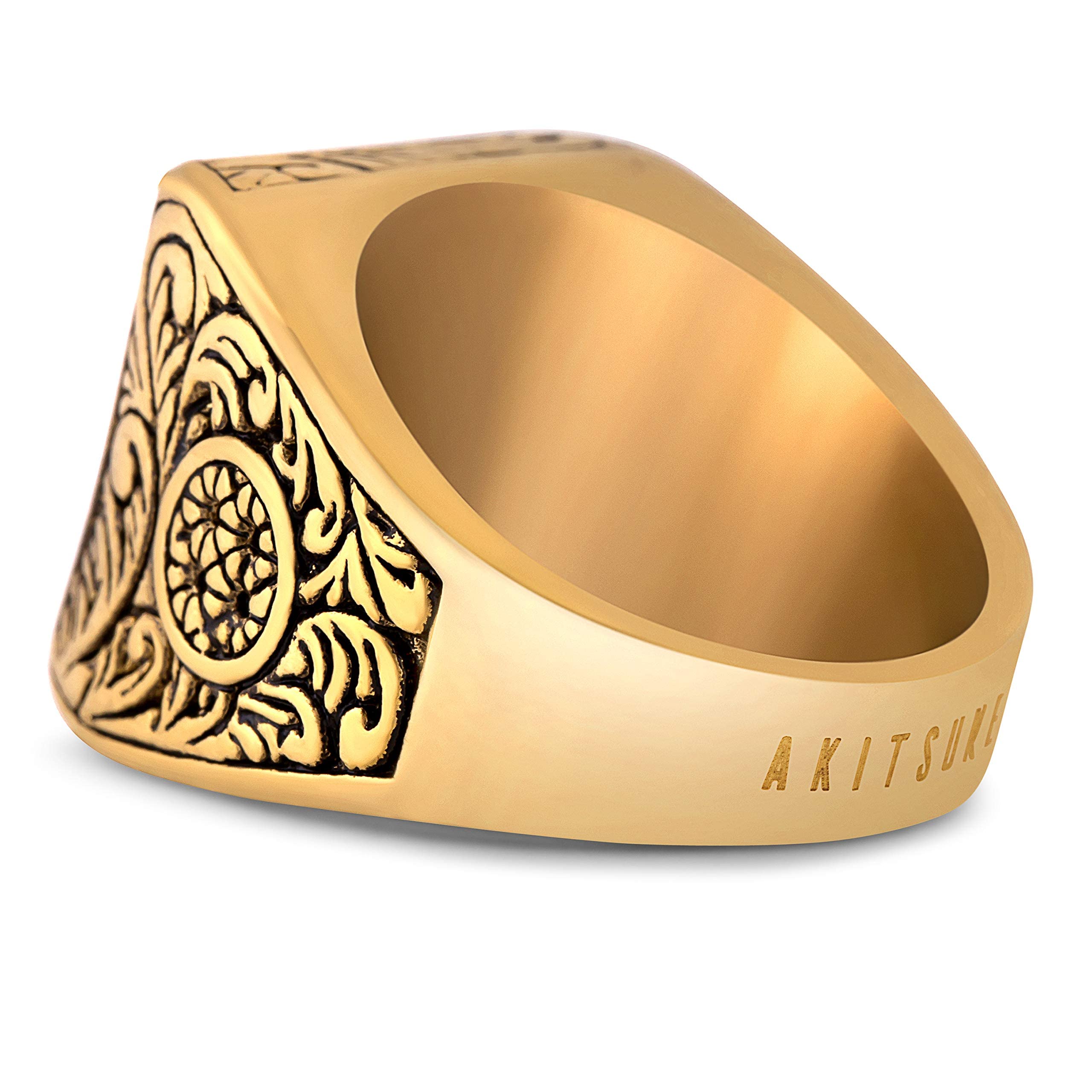 Akitsune Floris Anillo | Design-Anillo Mujer Hombre Acero Inoxidable Sello de Adorno Floral Grande - Oro - US 8