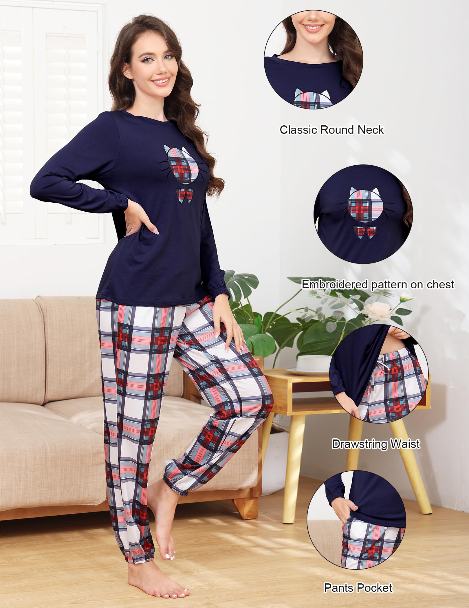 Les-Theresa Pigiama da Donna, Pigiama Lungo, da Donna, Comodo e alla Moda, con Motivo a Gatto, con Stampa a Maniche Lunghe, Pigiameria e Pantaloni Lunghi Femminili