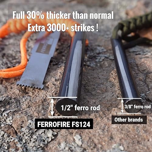 Miniatura 2 de FERROFIRE FS124 Large Ferro Rod Fire Starter with 12 Inch Thick x 4 Inch Long Drilled Flint Ferrocerium Rod Carbon Steel Striker and Orange 550