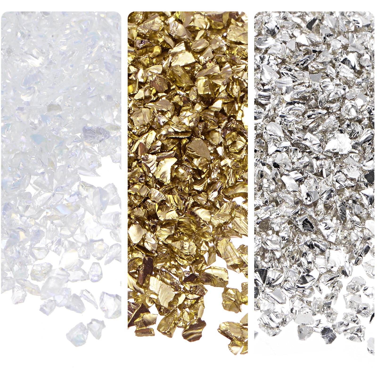 Kozelo 3 Colors Crushed Glass Chips - [1-4mm x 28g] Irregular Metallic Glass Bright Color Series for Decoration Crafts Nail Art Use, Electroplated Surface