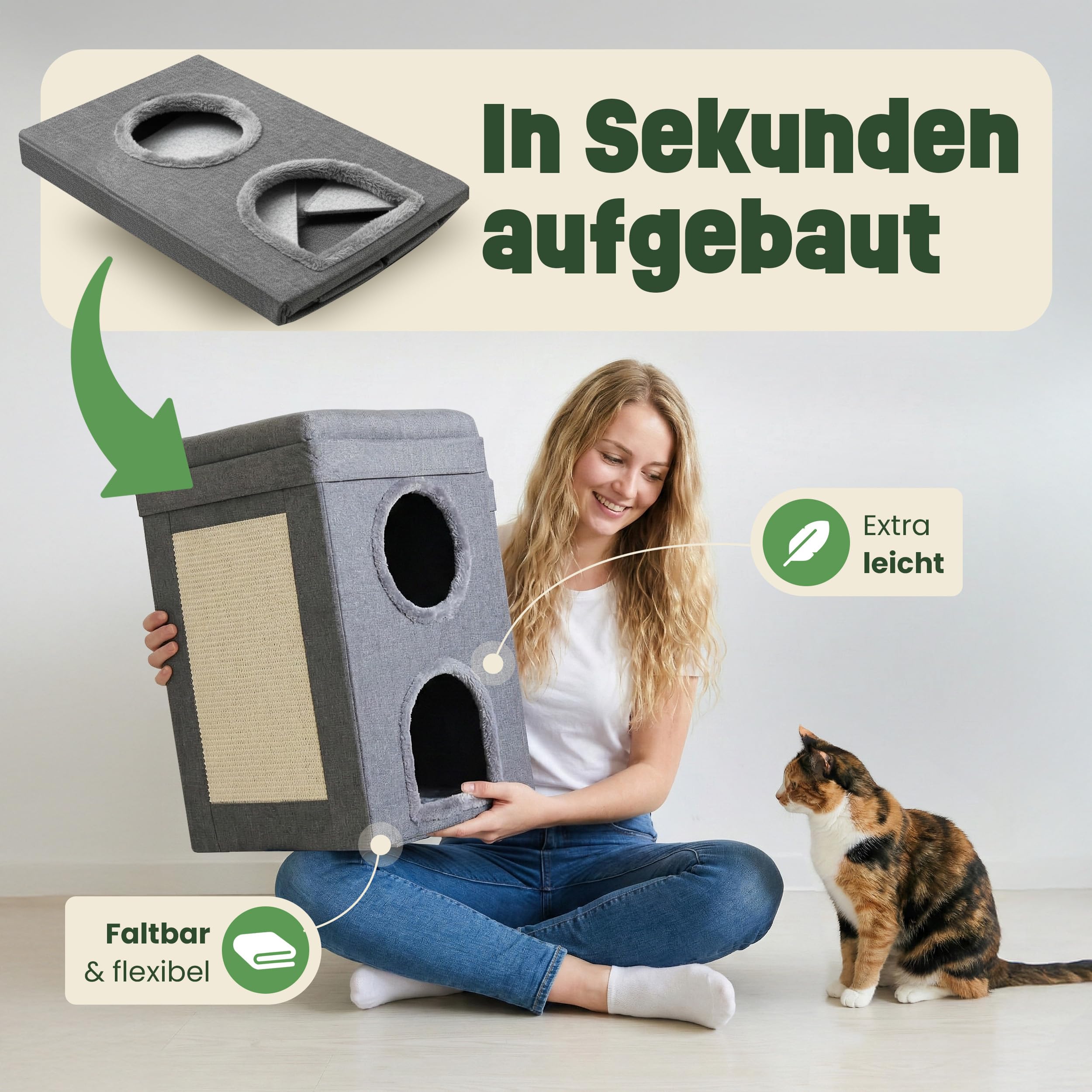 zooprinz Katzenhöhle 39x39x64 cm anthrazit mit Kissen | Cat Cave und Kuschelhöhle, Katzenbett für Indoor-Katzen, Katzenhaus als Versteck und Liegeplatz für große Katzen