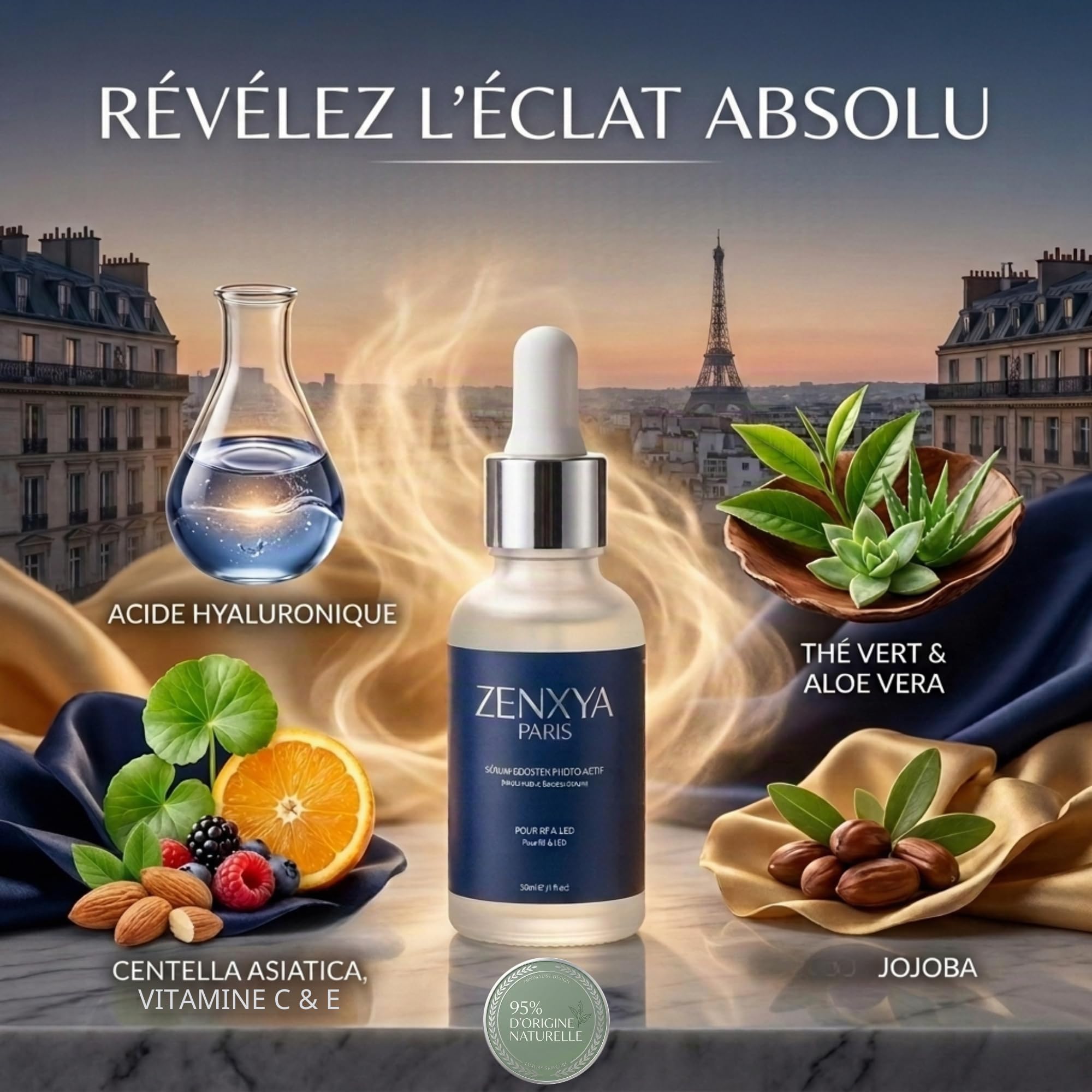 ZENXYA® PARIS – Sérum Booster Photo-Actif – Acide Hyaluronique Pur – Soin Universel Hommes & Femmes – Optimisé pour Radiofréquence (RF) & Appareils de soin LED – Anti-Âge Haute Performance – 30ml