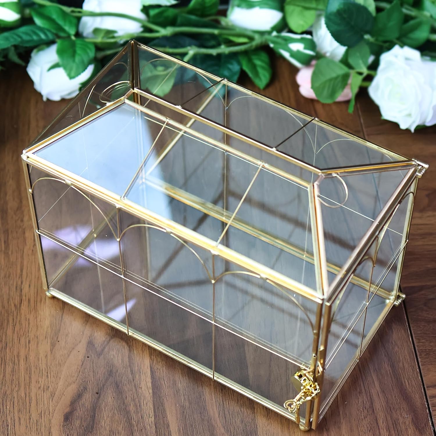 HighFree Glass Wedding Card Box with Lock, Gold Clear Card Box, Decorative Gift Card Box for Baby Shower, Birthday Party, Bridal Shower (With Arch, Medium)