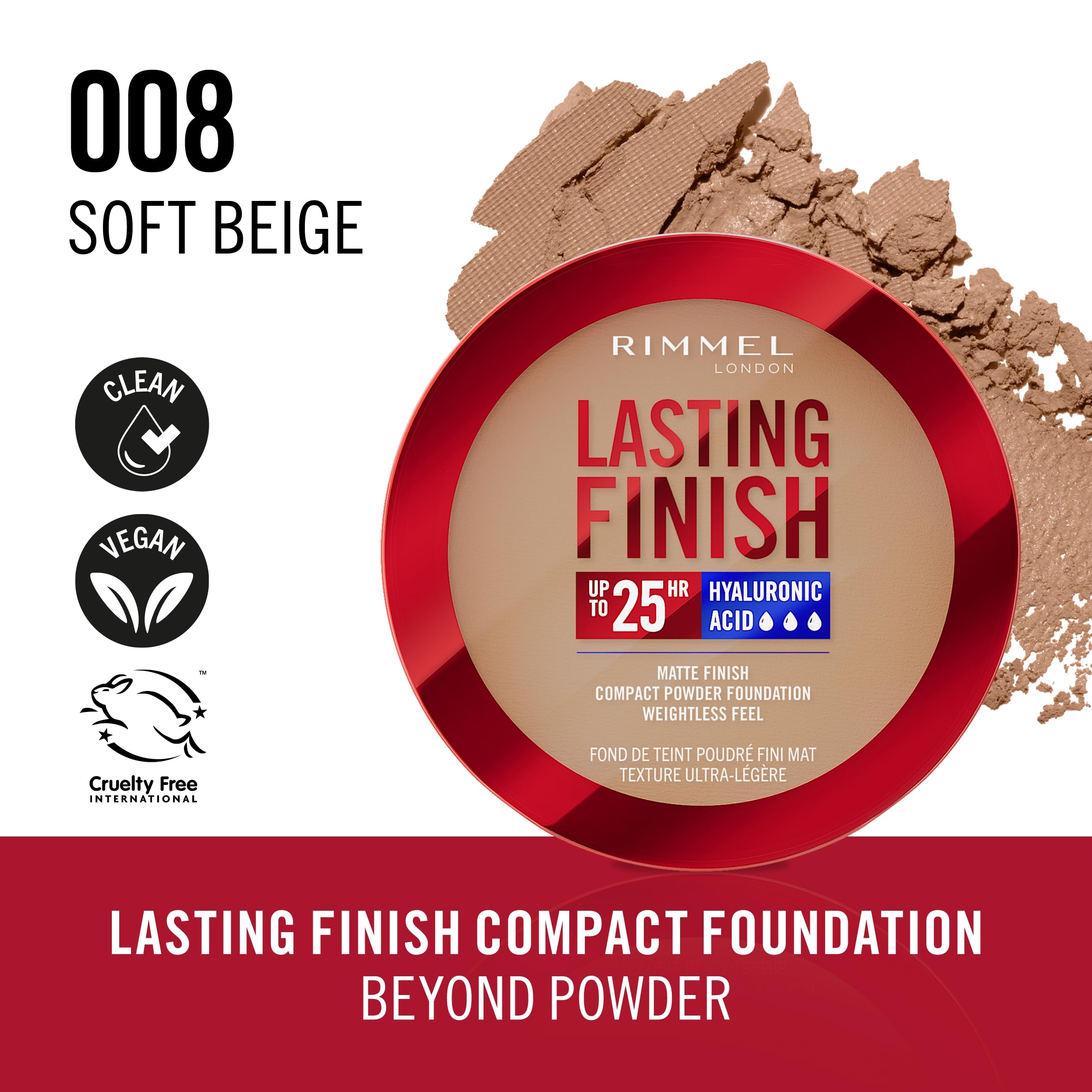 Rimmel Lasting Finish 25 HR Compact Foundation 008 Soft Beige, Matte Buildable Coverage, Powder-to-Cream - Image 2