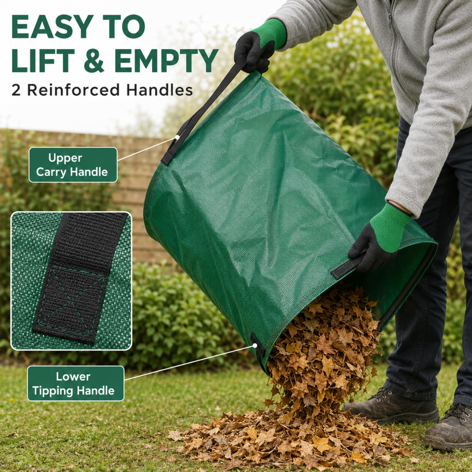 Bolsas para Residuos de Jardín 200 L, Pack de 3, Forma de Recogedor | 3 Bolsas de 200 L con un Guante, Cada Saco de Basura para Jardín Funciona como Práctico Recoge Hojas