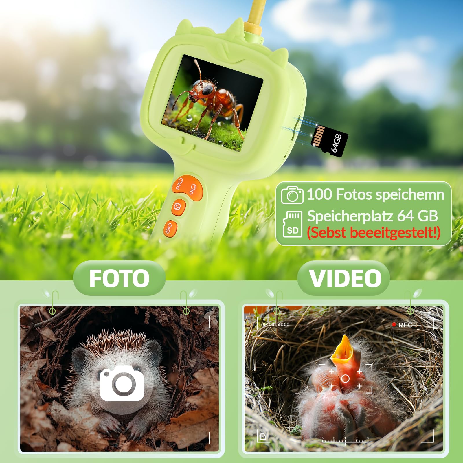 Sprifityy Endoscopio per Bambini,Fotocamera endoscopica con luce, Gioco STEM per esplorazione all'aperto,Impermeabile IP67,per ragazzi e ragazze di 4, 5, 6, 7, 8, 9, 10 anni