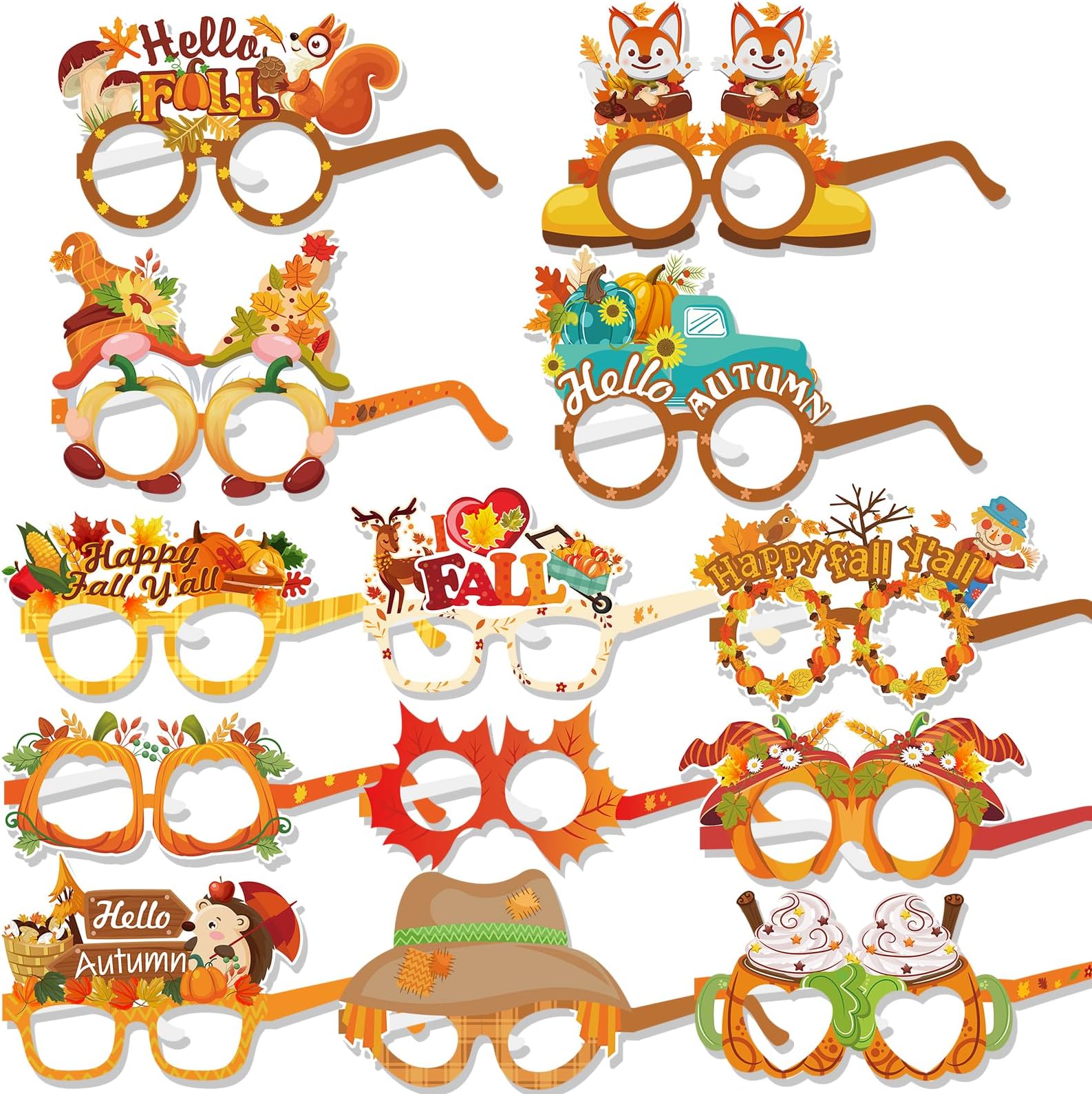 HOWAFHappy Fall Paper Frames Glasses and Masks, 26pcs Hello Fall Autumn Themed Pumpkin Maple Leaves Photo Props for Harvest Thanksgiving Party Favo