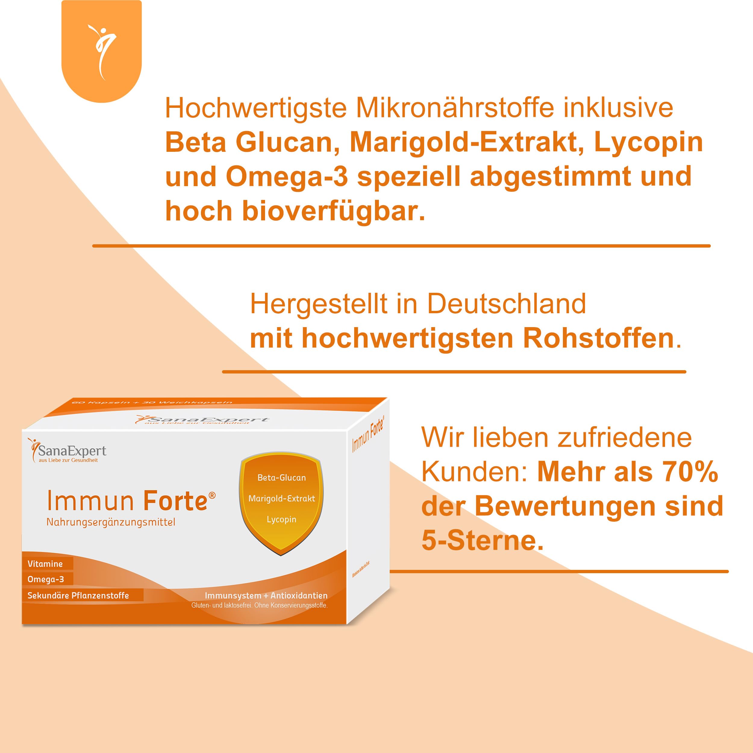 SanaExpert® Immun Forte – Vitamin-Komplex und Mineralien zur Unterstützung des Immunsystems, Omega-3-Fettsäuren, Beta-Glucan, Ringelblumen-Extrakt, Lycopin und Lutein, 90 Kapseln (69 g)