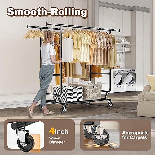 Vista 20 de HOKEEPER Perchero de ropa resistente con carga de 650 libras, perchero plegable con ruedas, doble barra para colgar ropa, estante portátil comercial