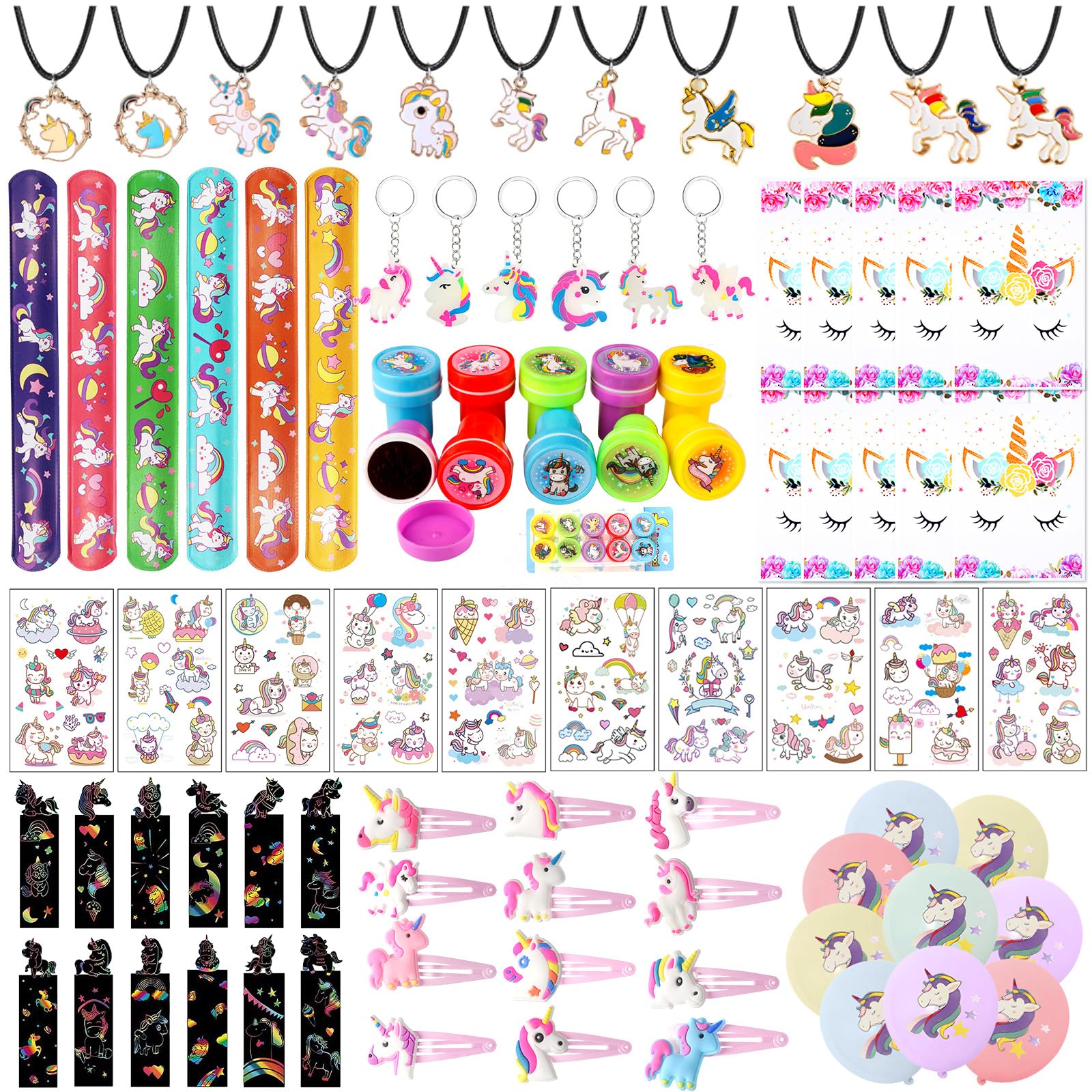 viallolipa Unicorn Party Bags Fillers, 109 Pieces Unicorn Party Bag Fillers for Girls, Party Favors Balloon Keychains Stamper Bookmark, Temporary Tattoos Sticker and so on, Suitable for 3+ Girls