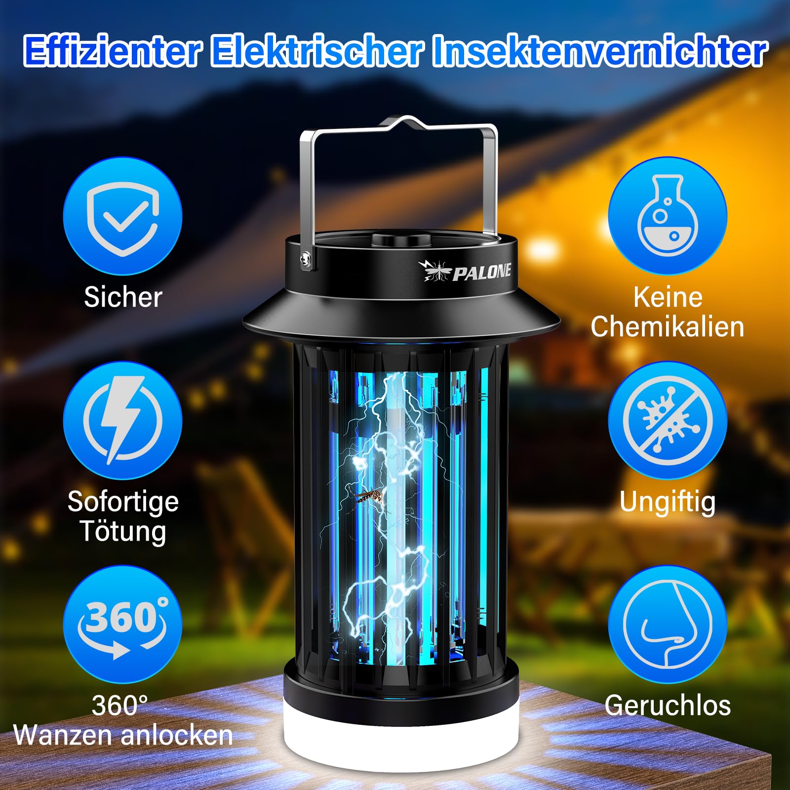 PALONE Insektenvernichter Elektrischer mit LED-Lampe, 3 in 1 Tragbarkeit USB-C Insektenvernichter, UV DC Elektrisch Mückenlampe, Praktische Geschenke für den Garten, Camping und Picknicks im Freien