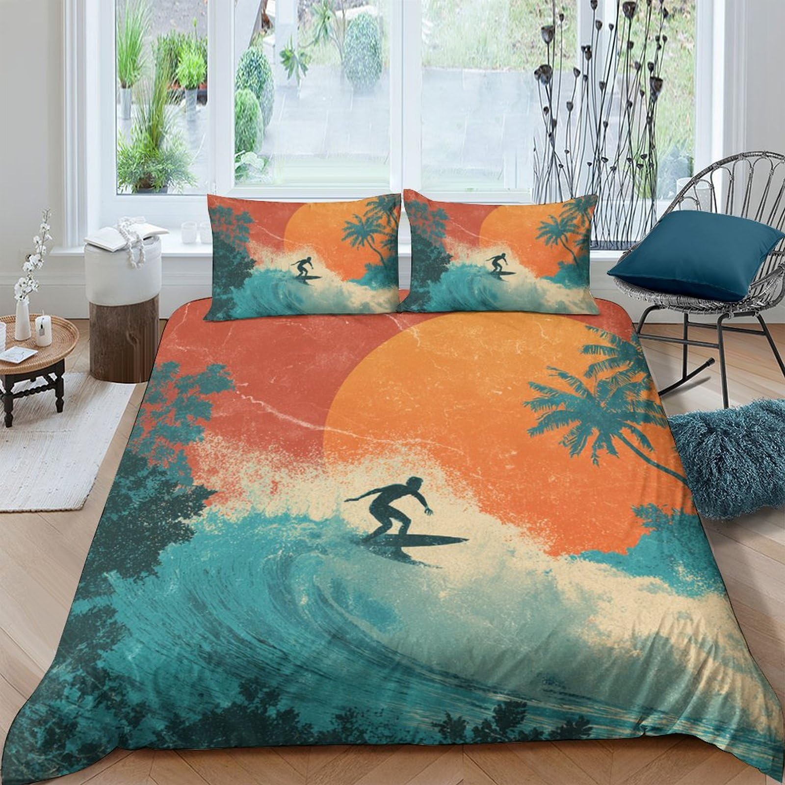 Ctjqhvkz Style-10 3D Printed Sunset Surf Fitted Sheet Microfiber Soft Breathable Tropical Wave Bed Cover For Bedroom Guest Room Decor Single（135X200cm）
