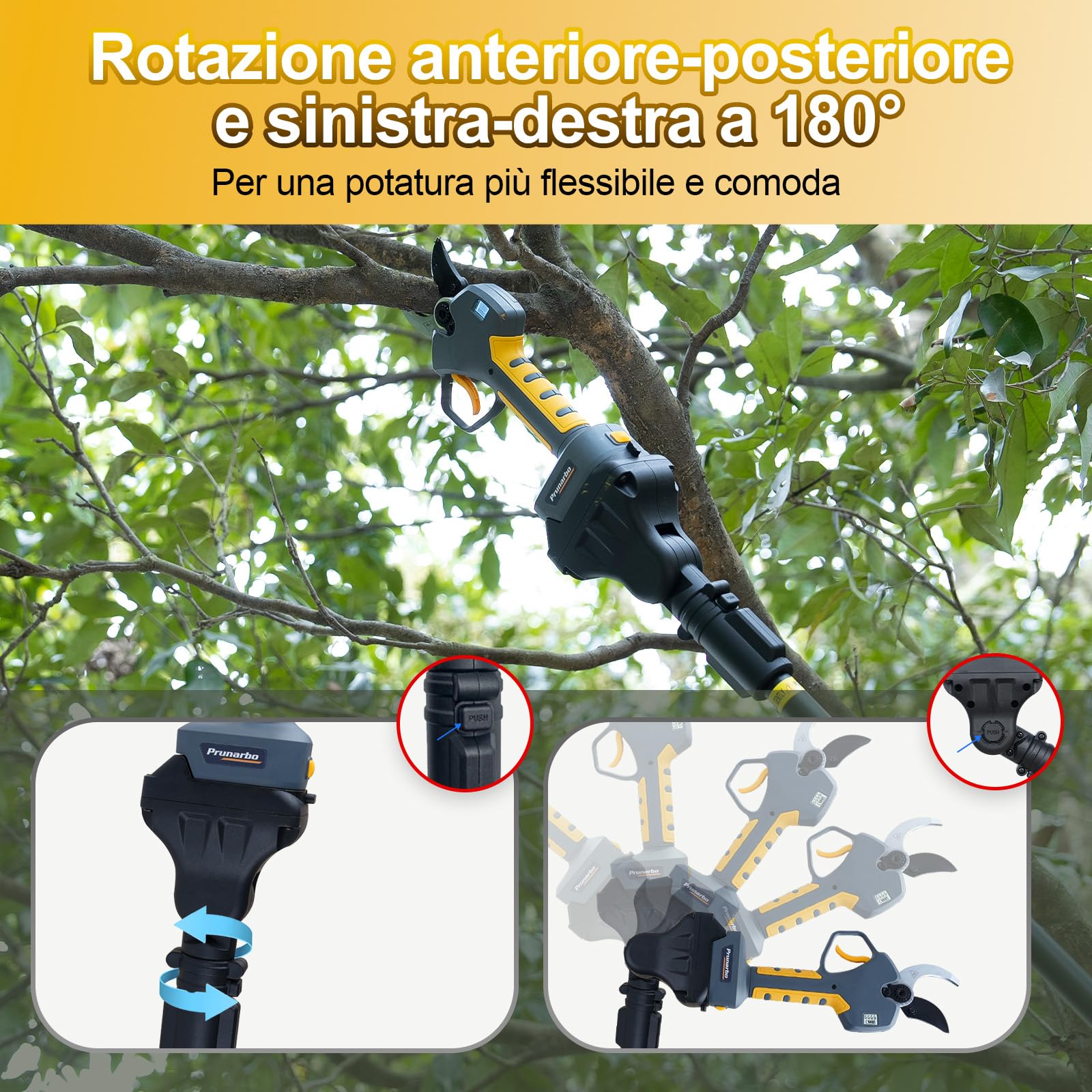 Forbici Potatura 40mm con Asta Telescopica e 2 Batterie 2Ah | Raggiungi rami alti senza scala, ideale per ulivi, vigneti e alberi da frutto con taglio potente e preciso