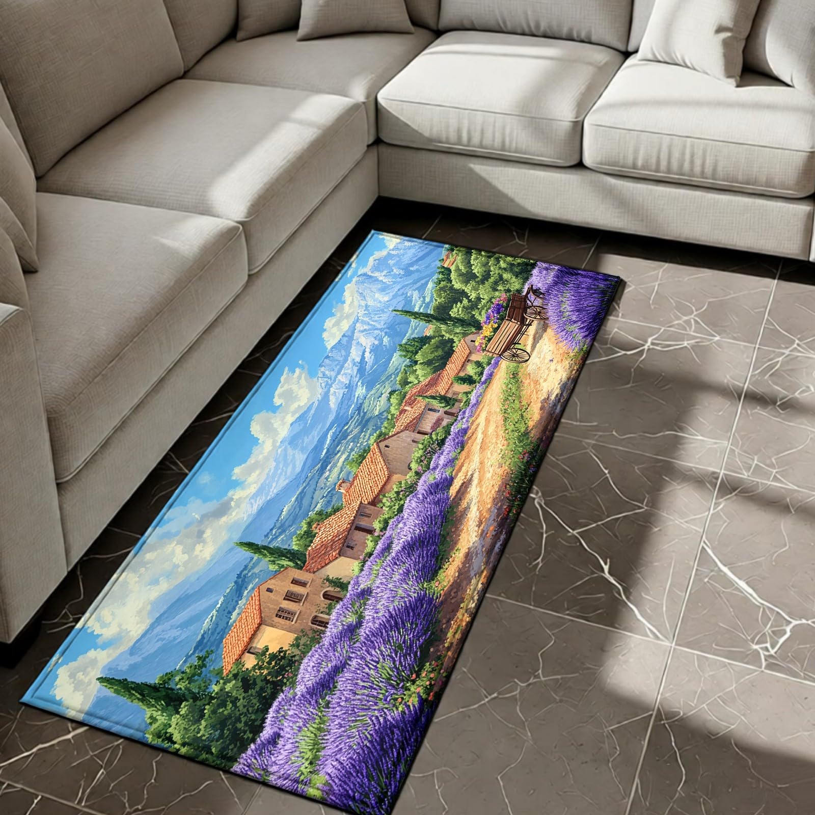 Teppichläufer Flur 50 x 200 cm Provence Lavendel Rutschfester Küchenteppich Ländlich abwaschbar, moderner Läufer für Wohnzimmer, Büro, Schlafzimmer und Küche