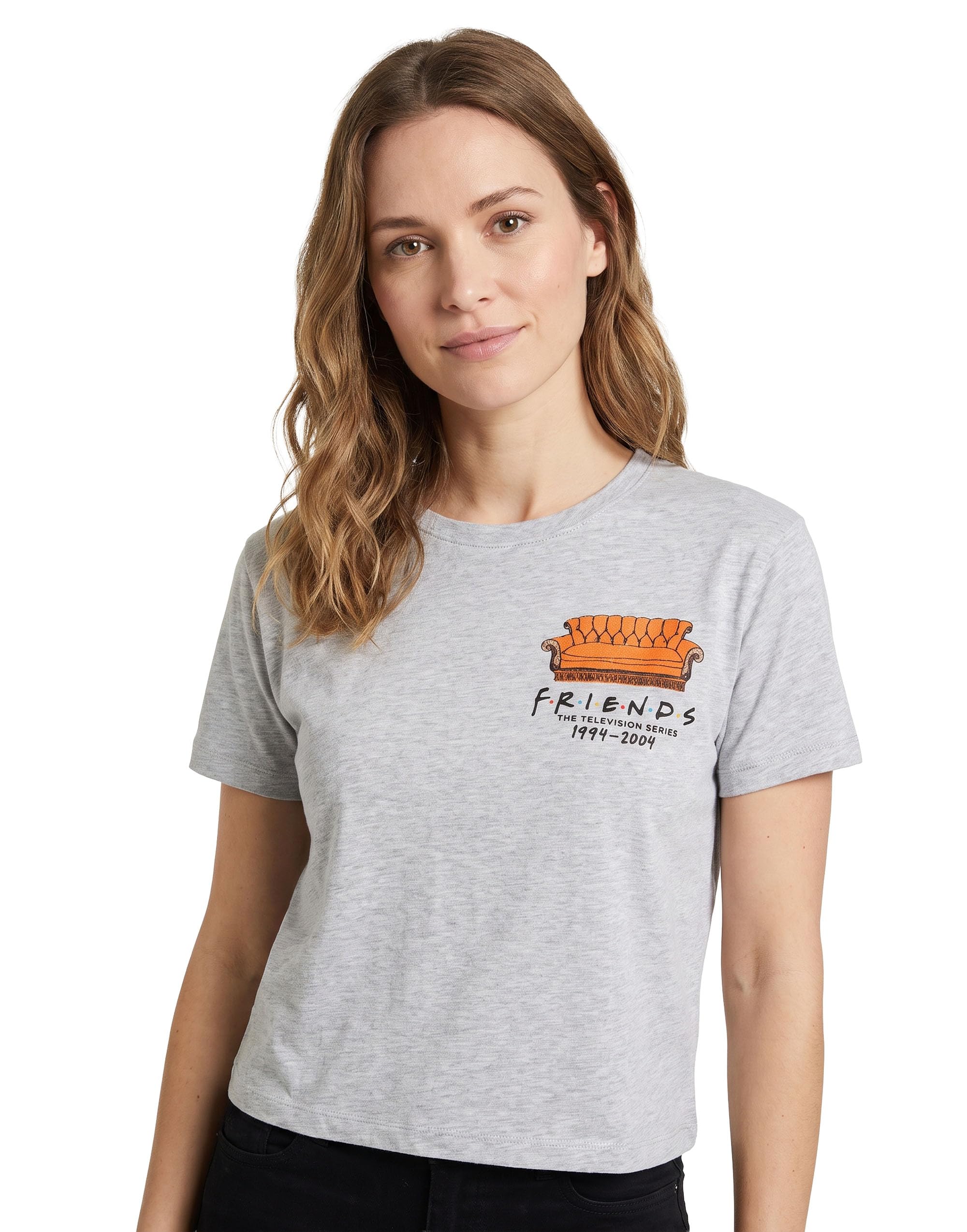B&Q -  Friends Womens Grey Central Perk Couch Cropped Short Sleeved T-Shirt (Large)