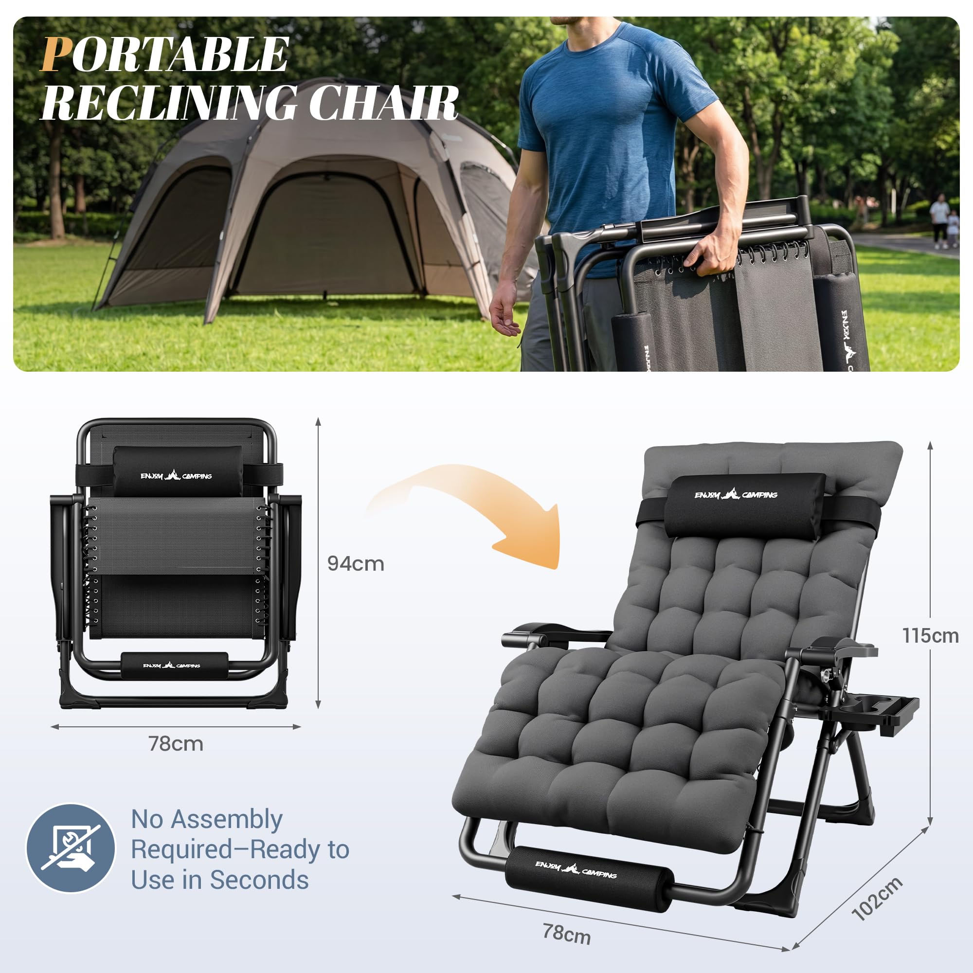 UDPATIO Transat Jardin Extérieur zéro gravité avec Coussin Épais 9 cm, Appui-tête Réglable, Accoudoirs et Porte-gobelet, Bain de Soleil Pliable et Inclinable, 220 kg Capacité, XXL Gris Foncé