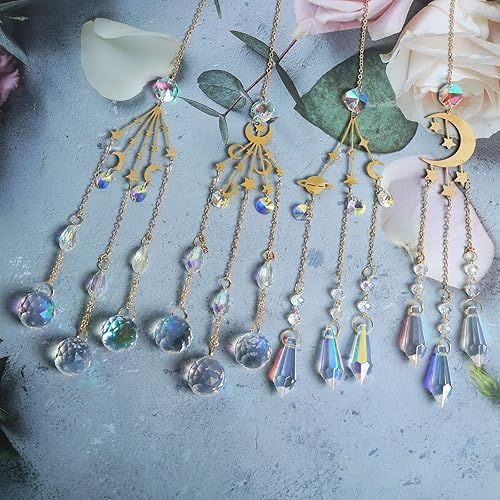 Miniatura 4 de Atrapasoles de cristal con dije de prismas de estrella de bola hecho a mano con media luna, adorno colgante de metal para fiestas, ventanas,