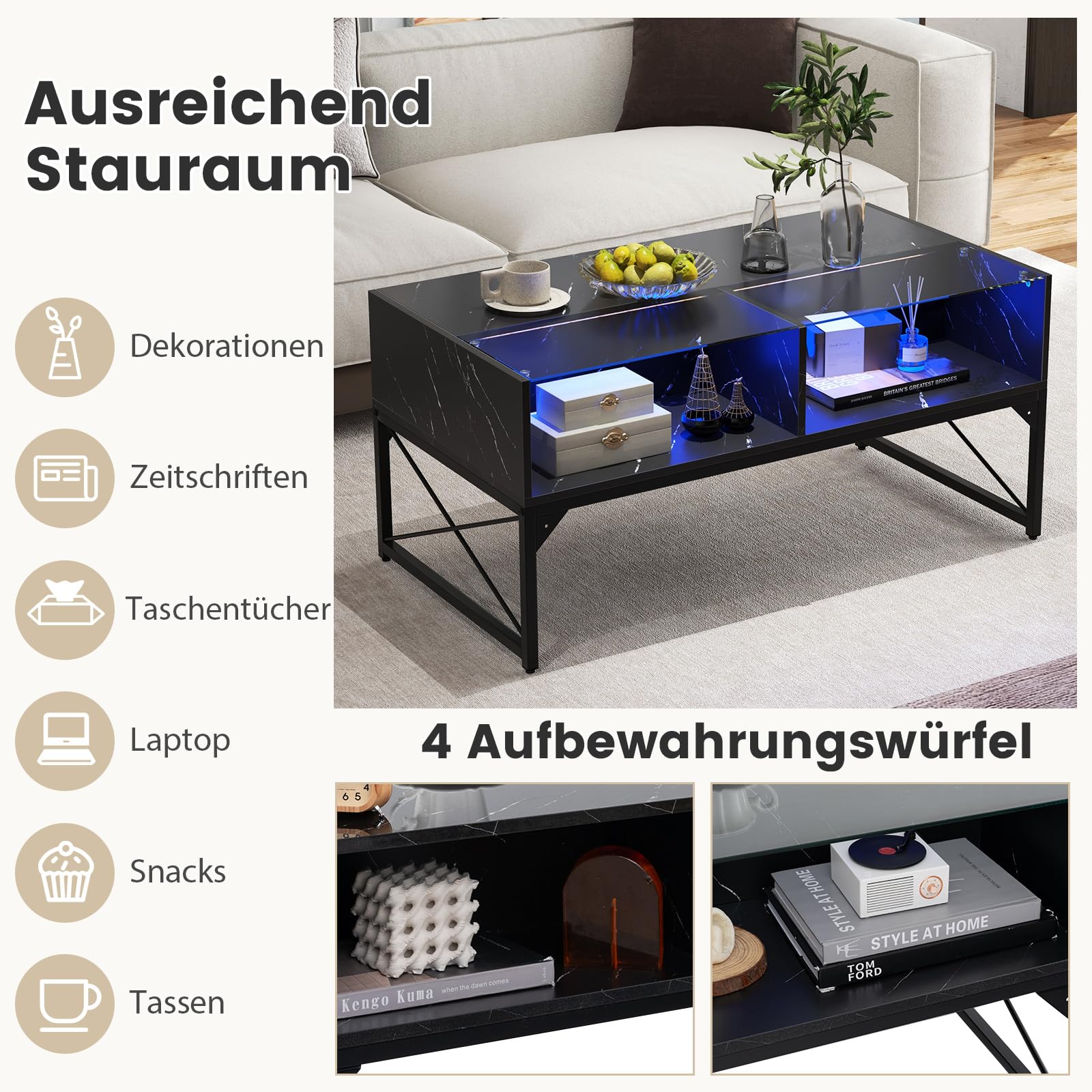 COSTWAY LED Couchtisch, Wohnzimmertisch Marmor Optik, Kaffeetisch mit einstellbaren Lichtfarben & Helligkeit, Fernbedienung und 4 Ablagefächern, Sofatisch für Wohnzimmer, 105 x 55 x 50 cm (Schwarz)