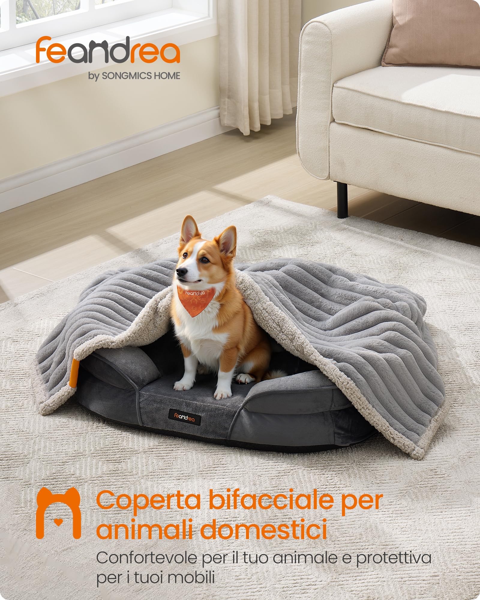 Feandrea Tappeto Impermeabile per Cani, Coperta Reversibile di Taglia L, 127 x 102 cm, per Cani di Taglia Piccola e Media, Copridivano, Lavabile, Grigio Tortora e Grigio Chiaro PPB035G01