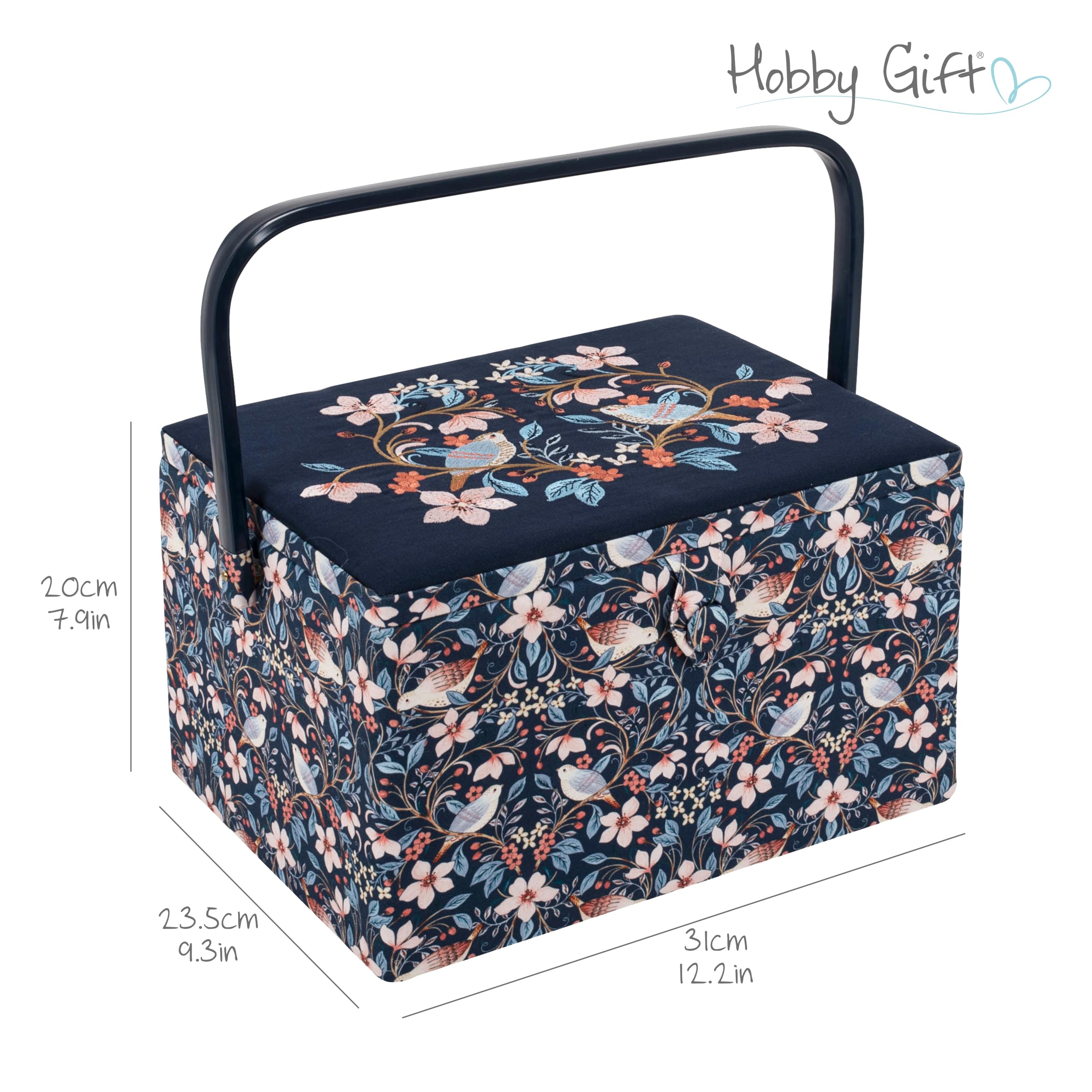 Hobby Gift Grande boîte à couture – Tissu en coton brodé d'oiseaux en fleurs avec poignée en plastique, plateau intérieur en plastique dur avec compartiments, 23,5x31x20cm