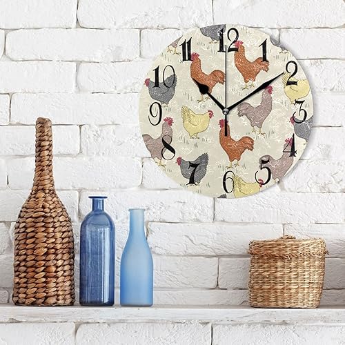 Miniatura 3 de ALAZA Rooster - Reloj de pared redondo amarillo de pollo, sin tictac, funciona con pilas, reloj decorativo para sala de estar, hogar, oficina