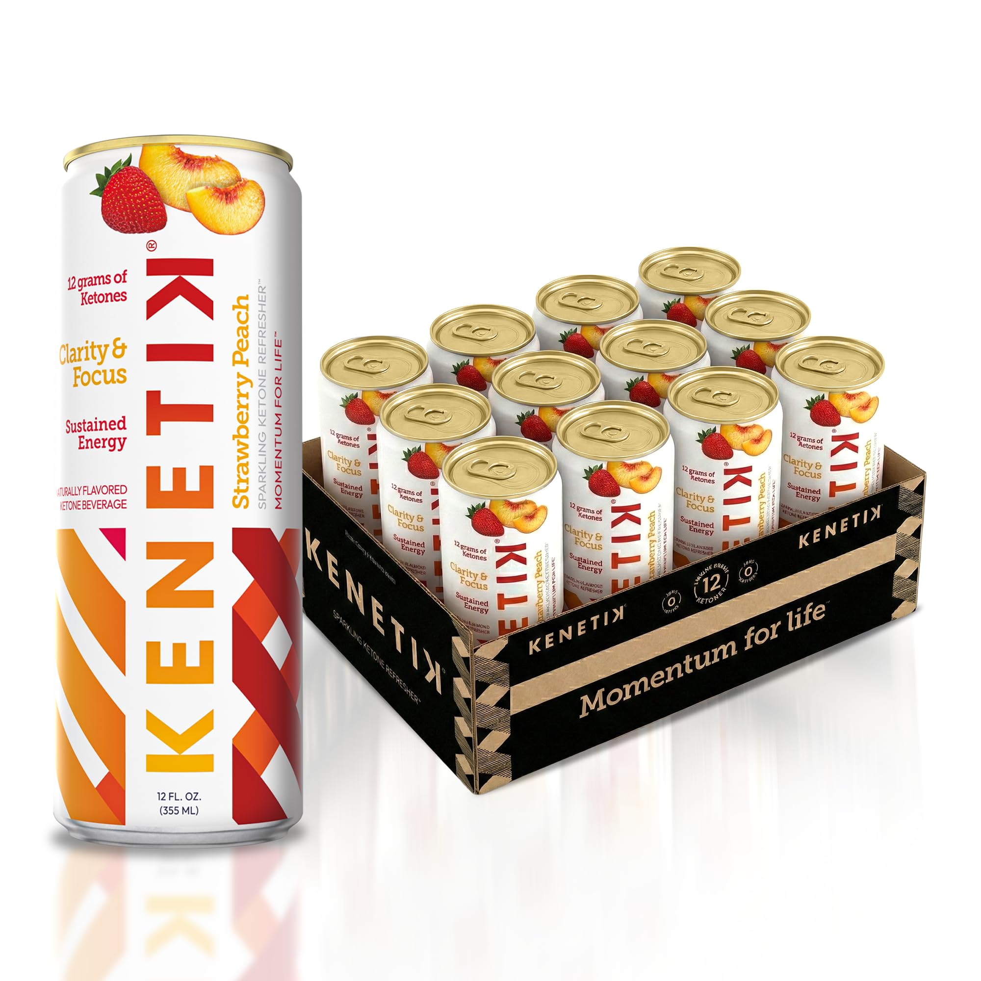 Caffeine-Free Focus Drink – Brain Fuel for Mental Clarity and Cognitive Endurance, Sugar-Free, Bioidentical Ketones (D-BHB), 12oz – 12 Pack, Strawberry Peach