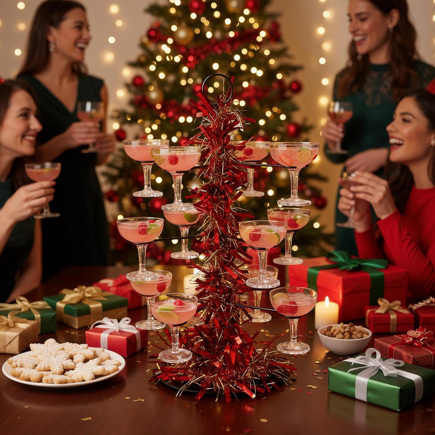 LemonRoad Cocktail Tree Stand with Garland, Graduation 3 Tier 12 Holders Wine Glass Display Champagne Tower for Martini Xmas Graduation Party Weddings Bridal Showers(Classic,Red and Gold)