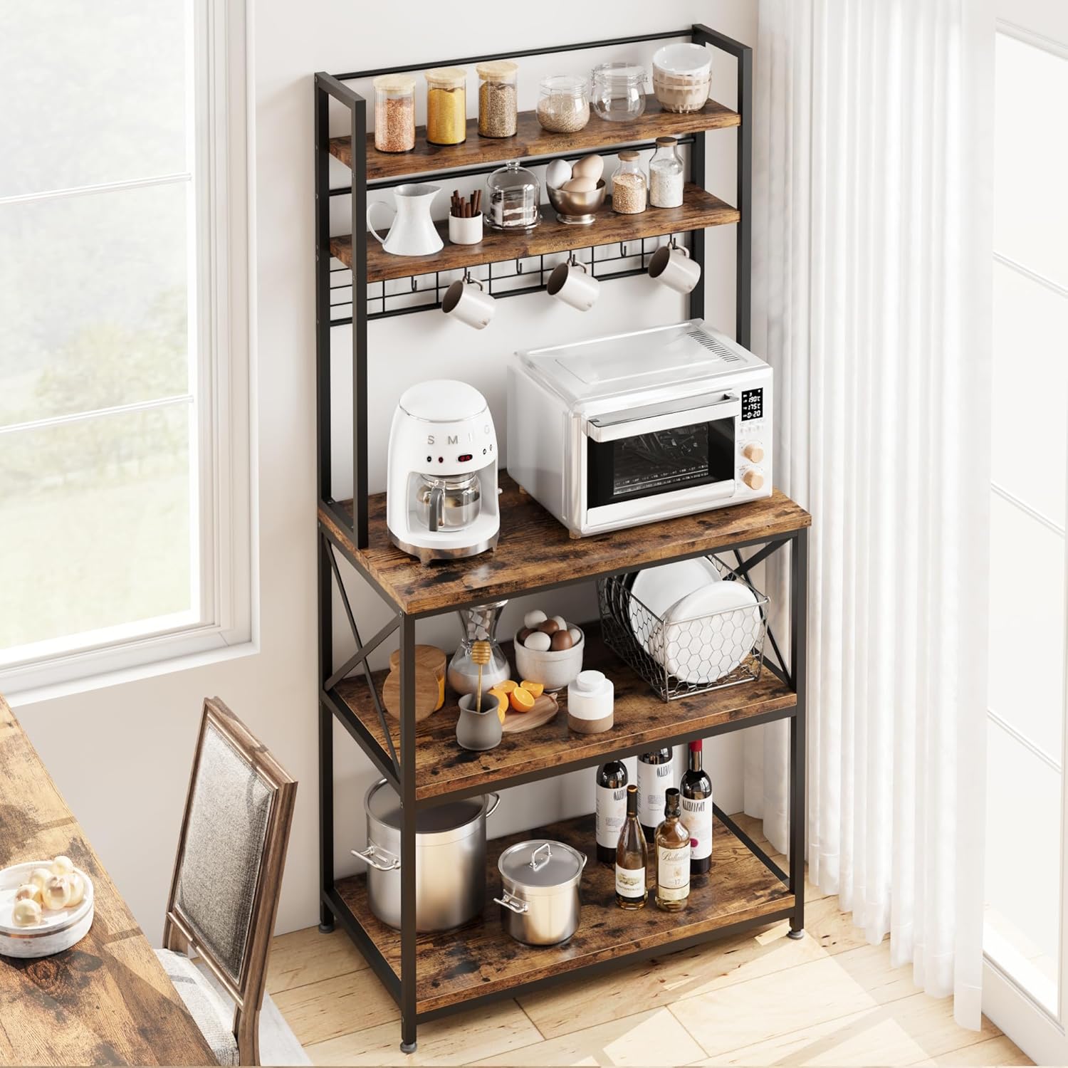 IDEALHOUSE 62in Kitchen Bakers Rack, 31in Coffee Bar Table 5 Tiers, Kitchen Microwave Stand with 6 s-Shaped Hooks, Open Storage Shelves for Spices, Pots and Pans, Rustic Brown