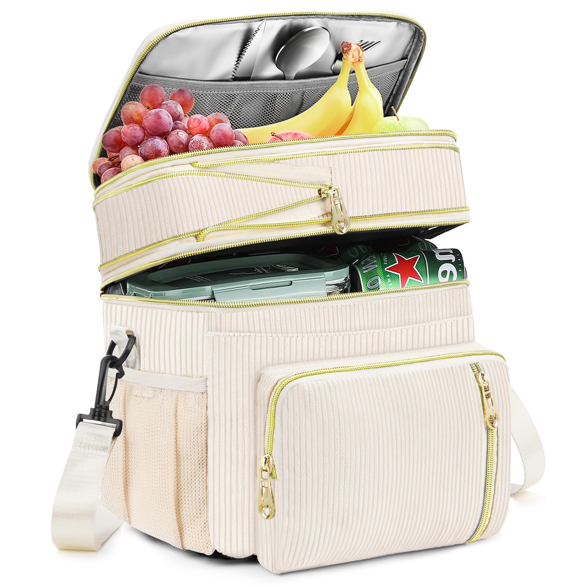 Lunch Box & Lunch Bag for Women, Large Insulated Adult Lunch Box Leakproof Lunchbox Cooler Bag for Work Picnic Beach,16L, Cream