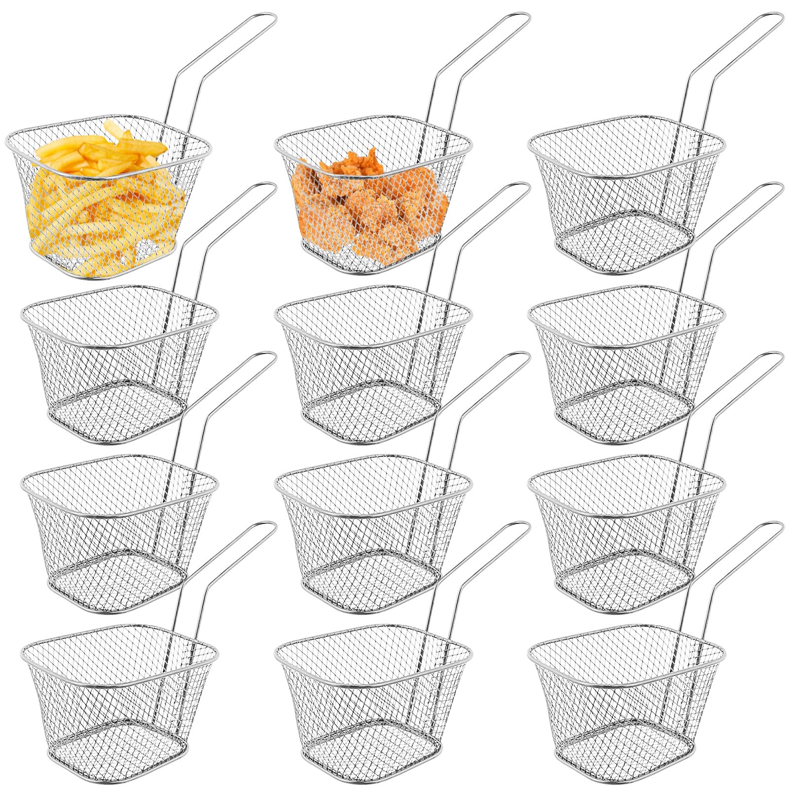 12 pezzi di cestini per patatine fritte, cestello per frittura argento per servire, piccolo cestino in acciaio inossidabile con manico, cestello da portata per patatine fritte, gamberetti, anelli di