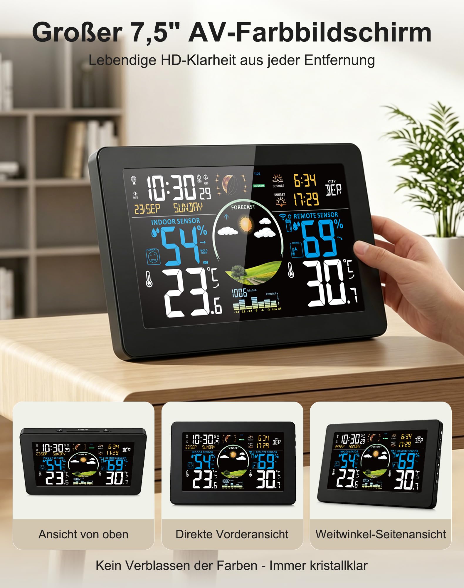 VIFLYKOO Wetterstation Funk mit Außensensor, Thermometer & Hygrometer, Wettervorhersage, Luftdruck, DCF Funkuhr, VA-Display, Batterie- & Netzbetrieb, für Innen & Außen, Schwarz