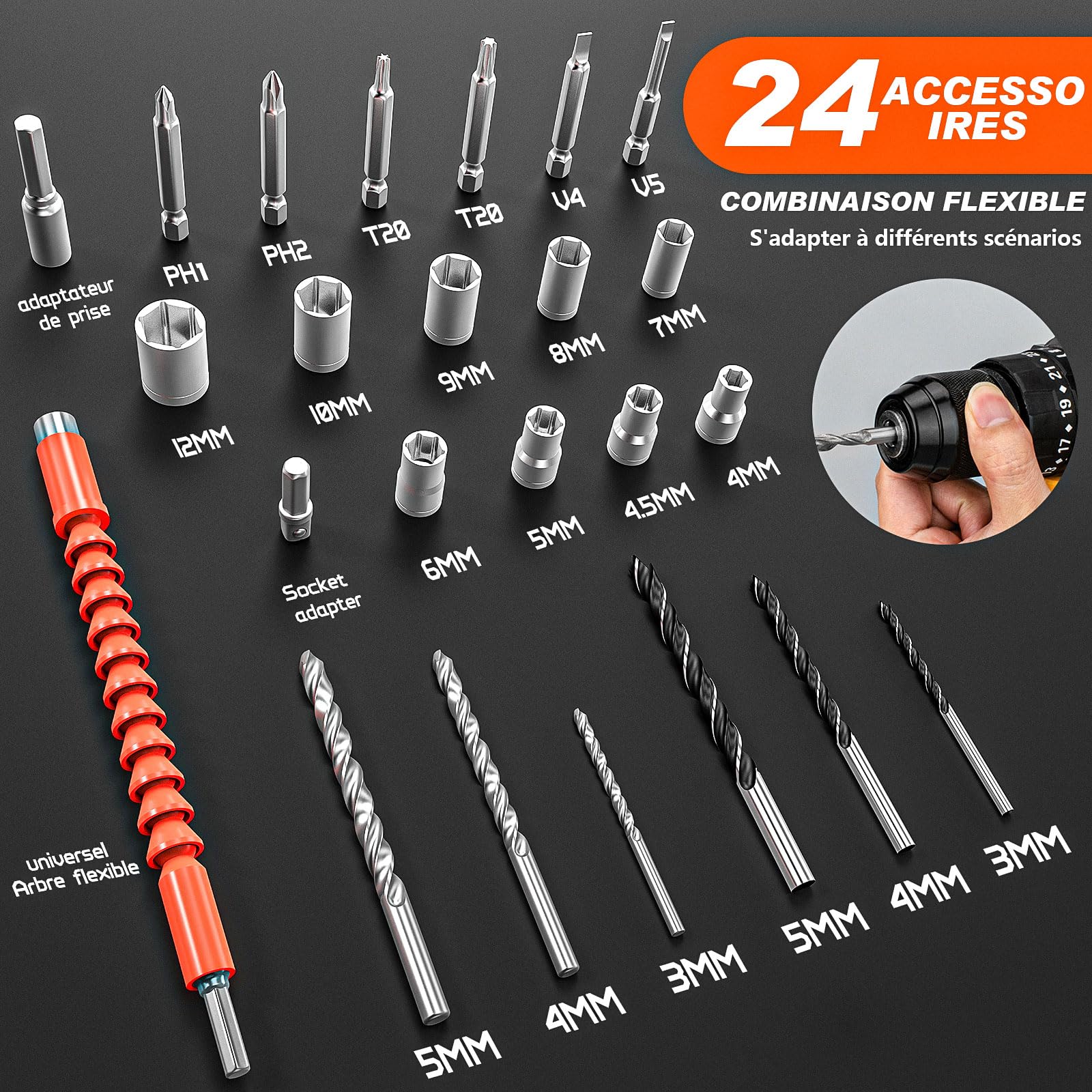 Trapano Avvitatore a Batteria 21 V, set con 1 batterie da 2,0 Ah,Max 55Nm, 23 + 3 Impostazione Coppia, Mandrino da 10 mm, 2 Velocità, luce a LED, 24 Accessori,per Riparazione, Fai da te
