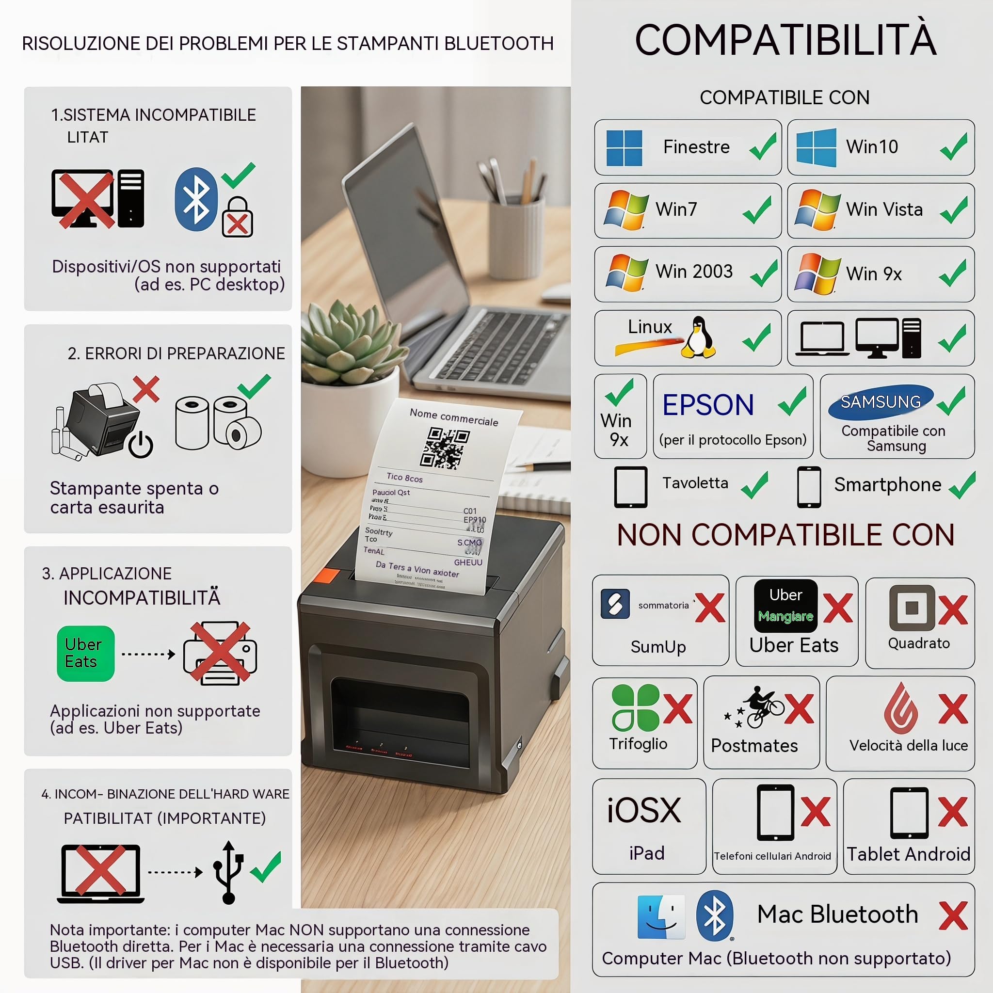 Stampante Termica per Scontrini POS 80mm Bluetooth, con USB, Compatibile con Windows/Mac, Ideale per Ristoranti e Negozi al Dettaglio